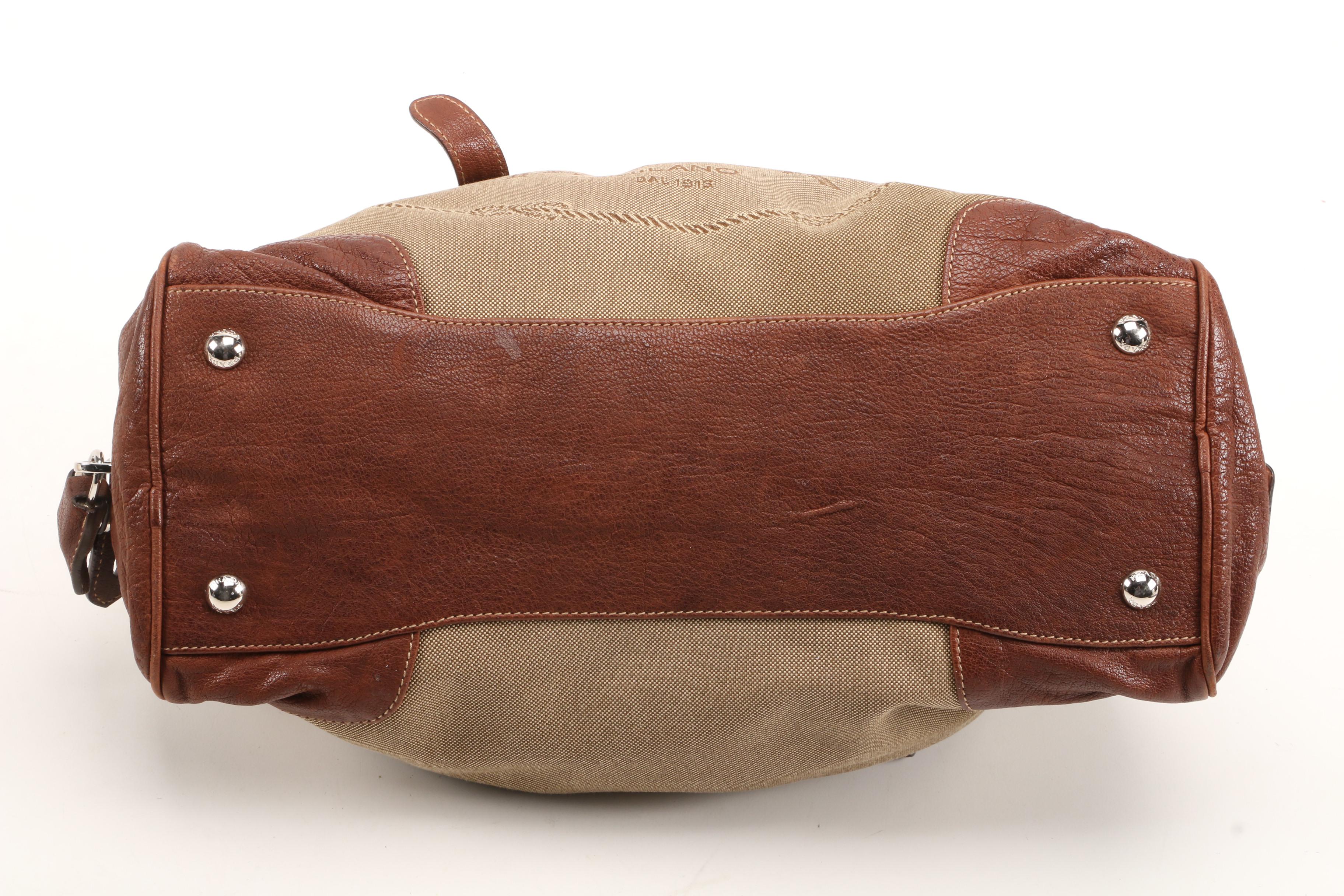 Prada Satchel in Canapa Jacquard Canvas and Brown Grained Leather