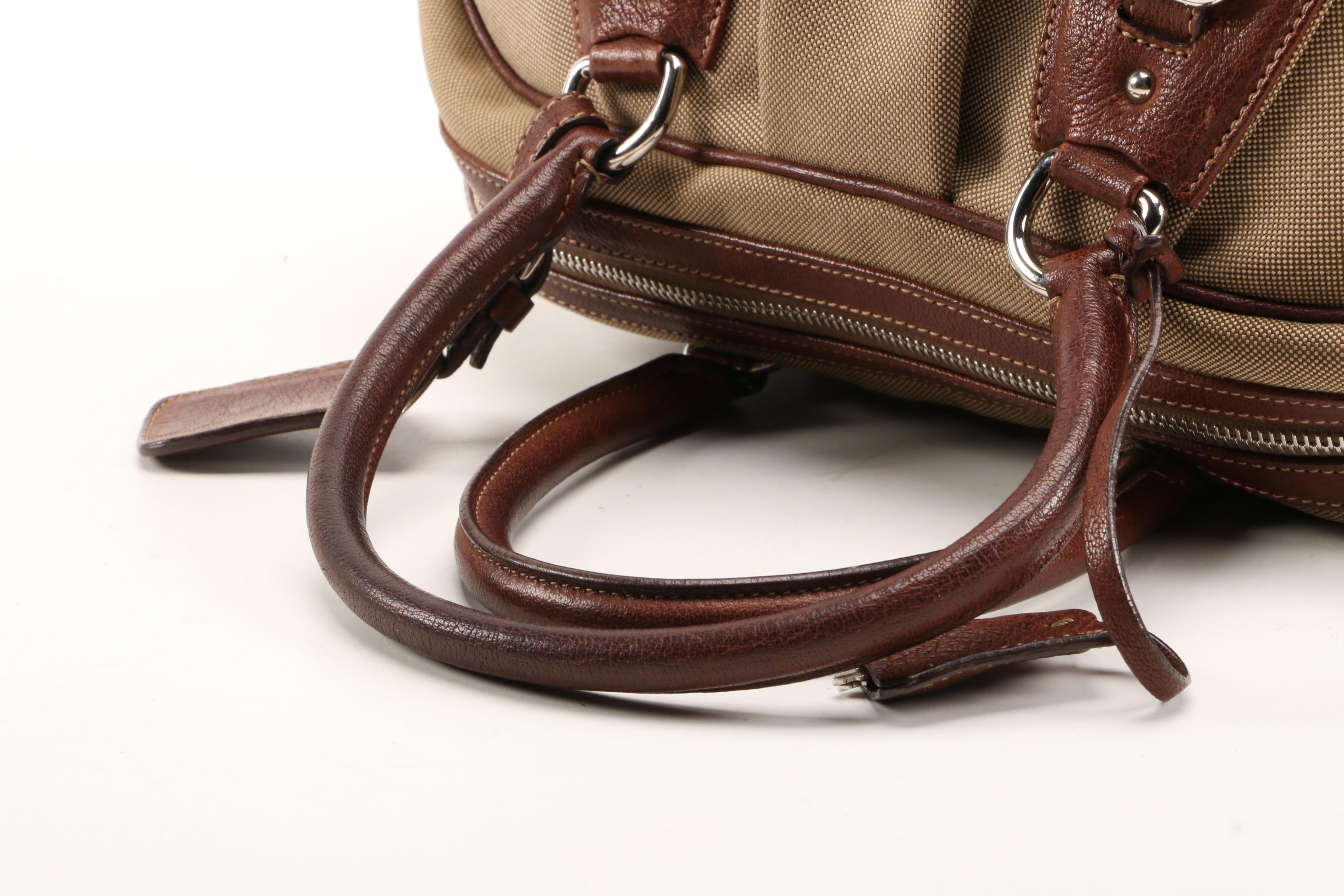 Prada Satchel in Canapa Jacquard Canvas and Brown Grained Leather