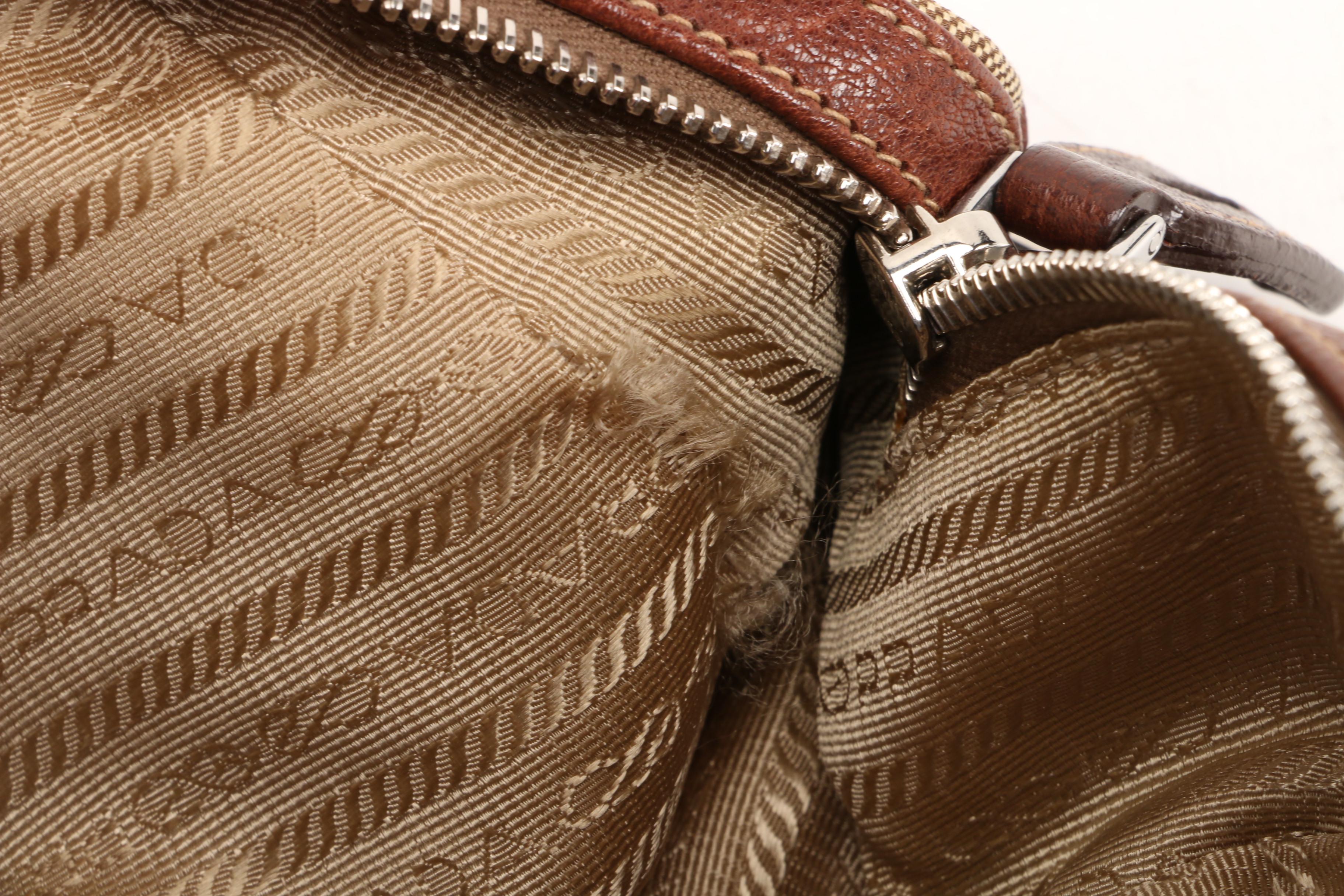 Prada Satchel in Canapa Jacquard Canvas and Brown Grained Leather