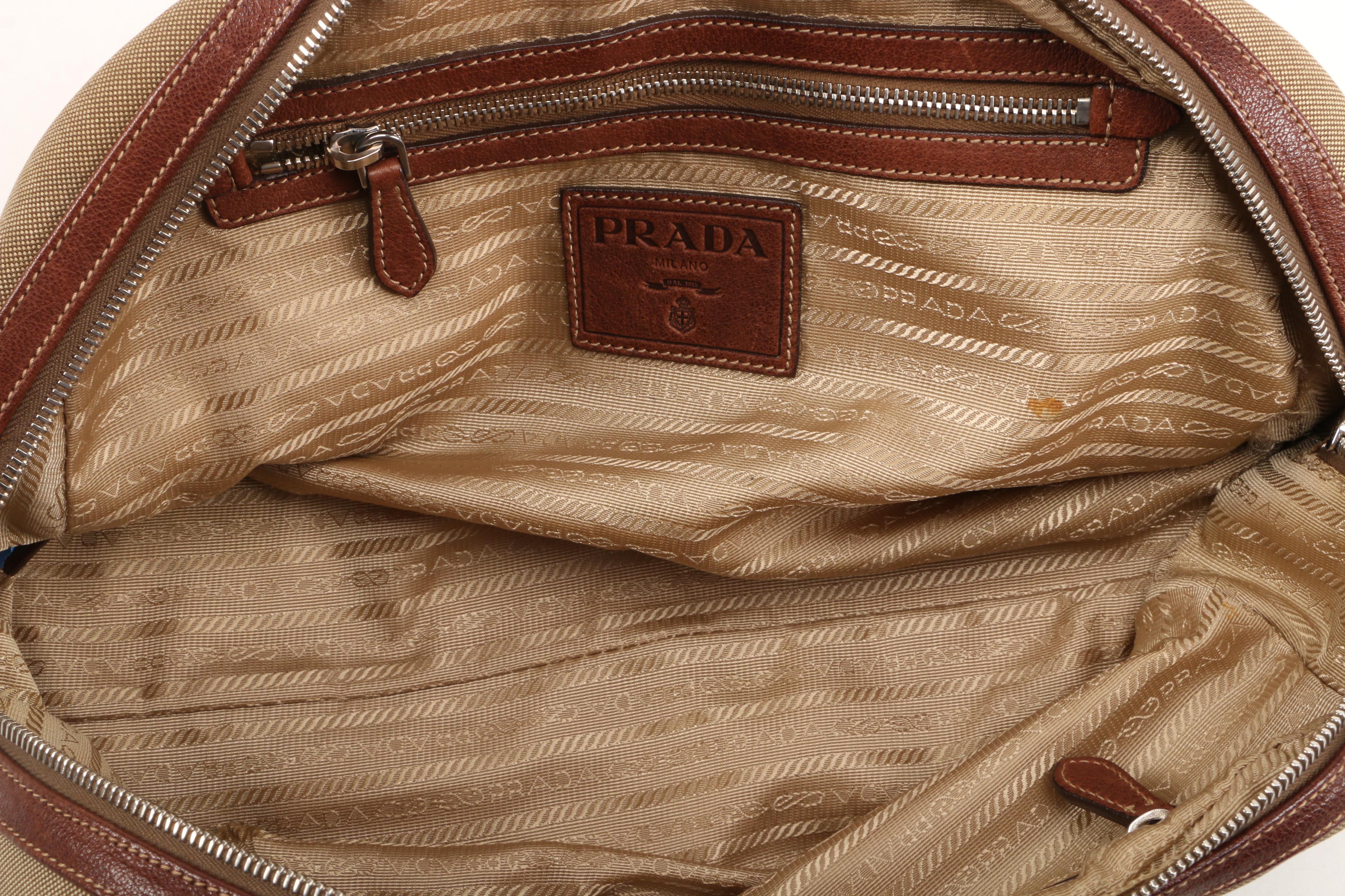 Prada Satchel in Canapa Jacquard Canvas and Brown Grained Leather