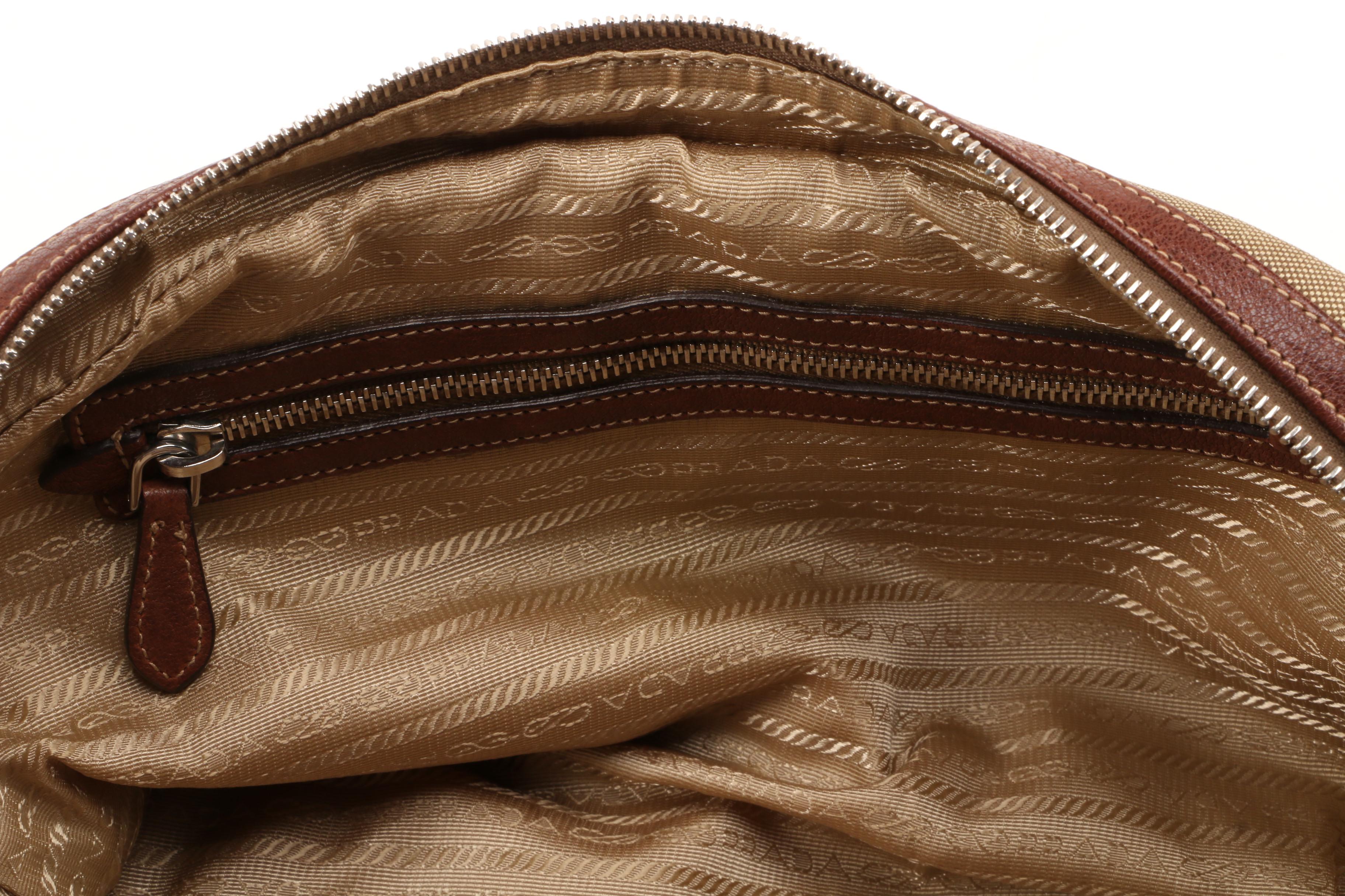 Prada Satchel in Canapa Jacquard Canvas and Brown Grained Leather