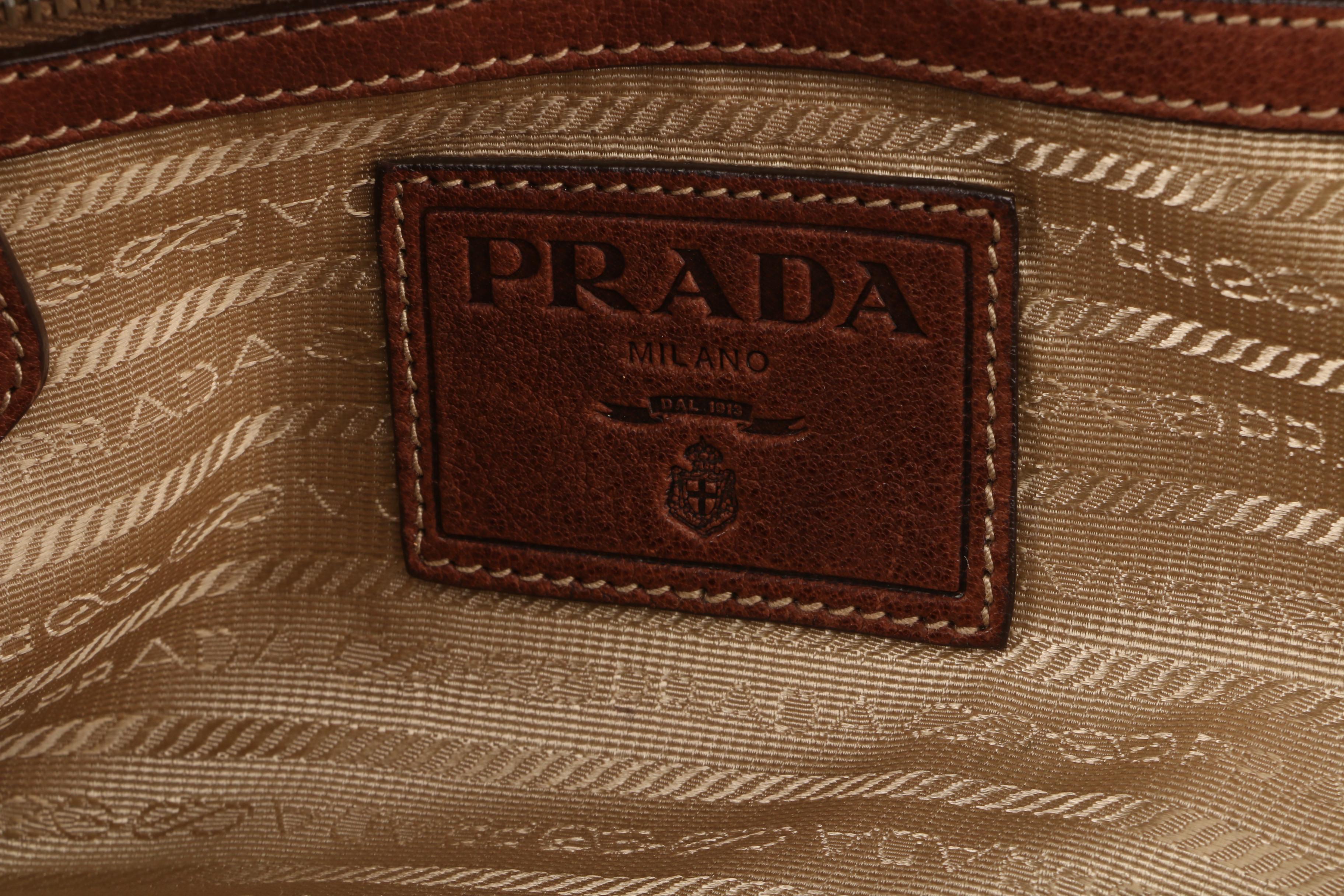 Prada Satchel in Canapa Jacquard Canvas and Brown Grained Leather