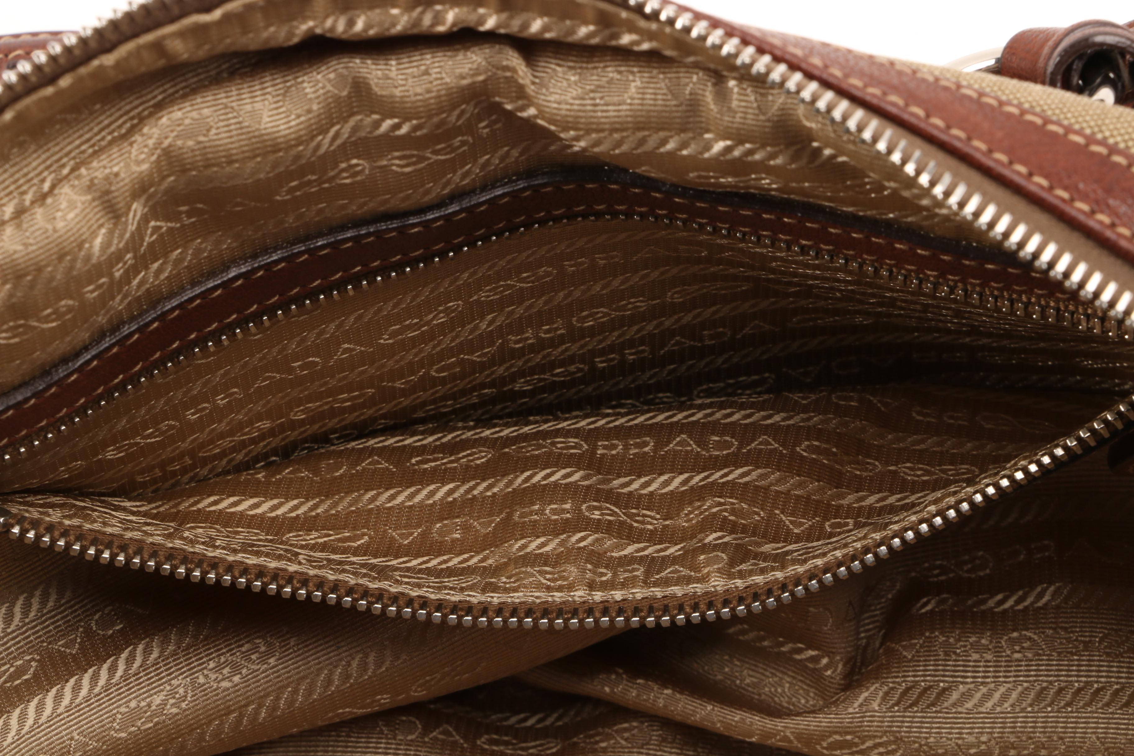 Prada Satchel in Canapa Jacquard Canvas and Brown Grained Leather