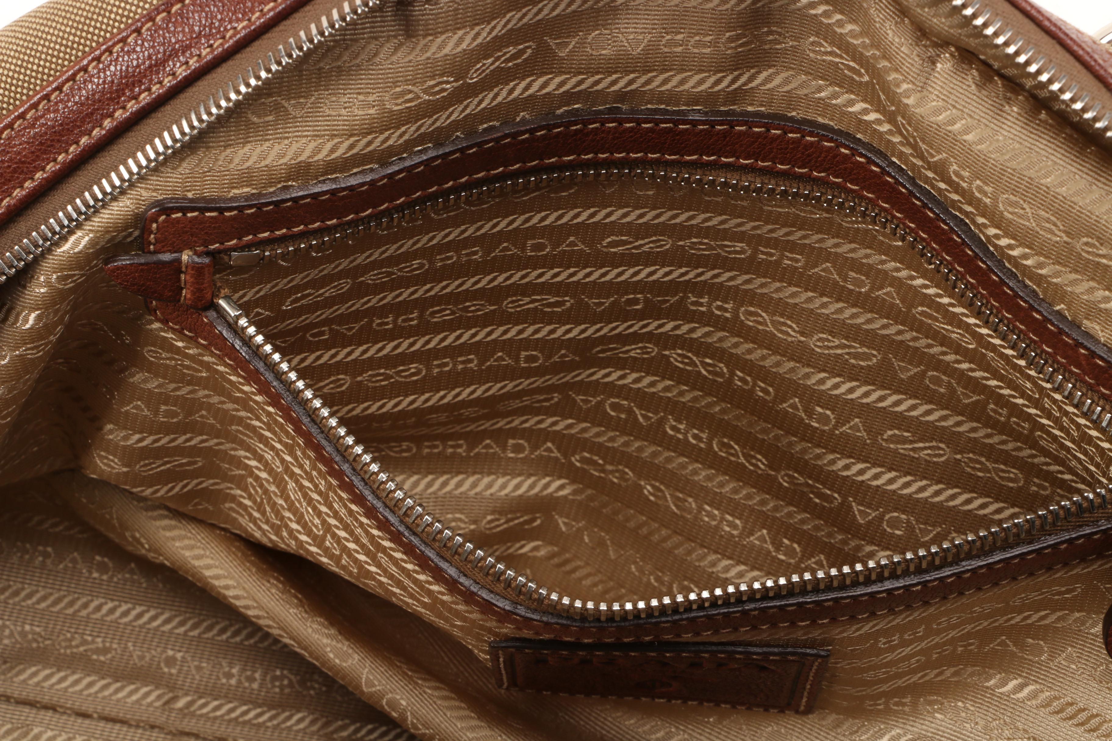 Prada Satchel in Canapa Jacquard Canvas and Brown Grained Leather