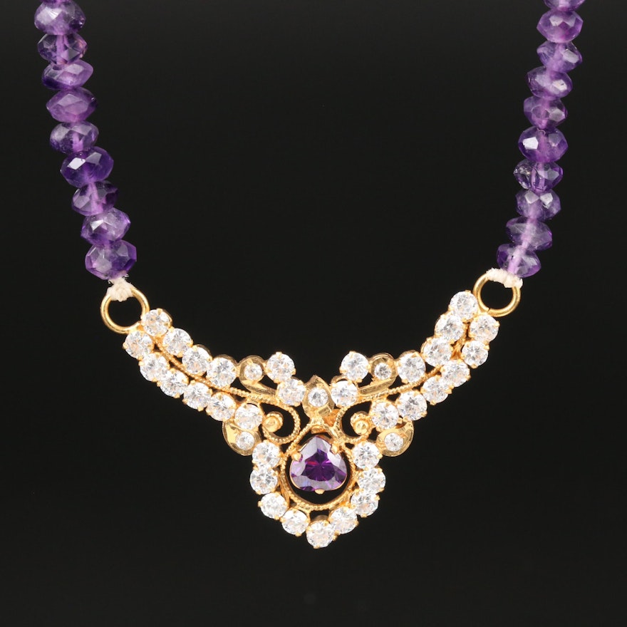 18K Yellow Gold Amethyst and Cubic Zirconia Necklace