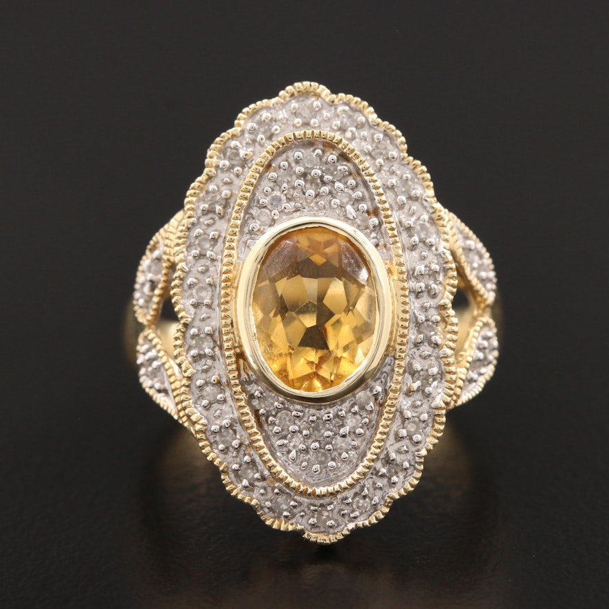 14K Yellow Gold Citrine and Diamond Ring