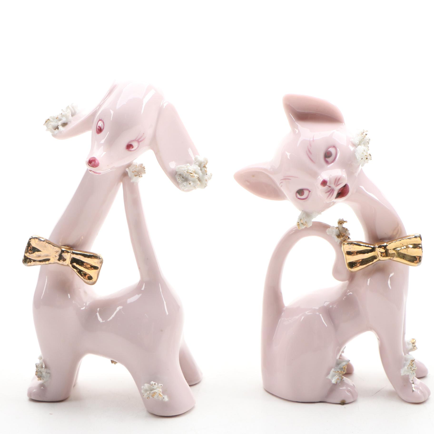 Japanese Pink Porcelain Cat and Dog Figurines, 1950s