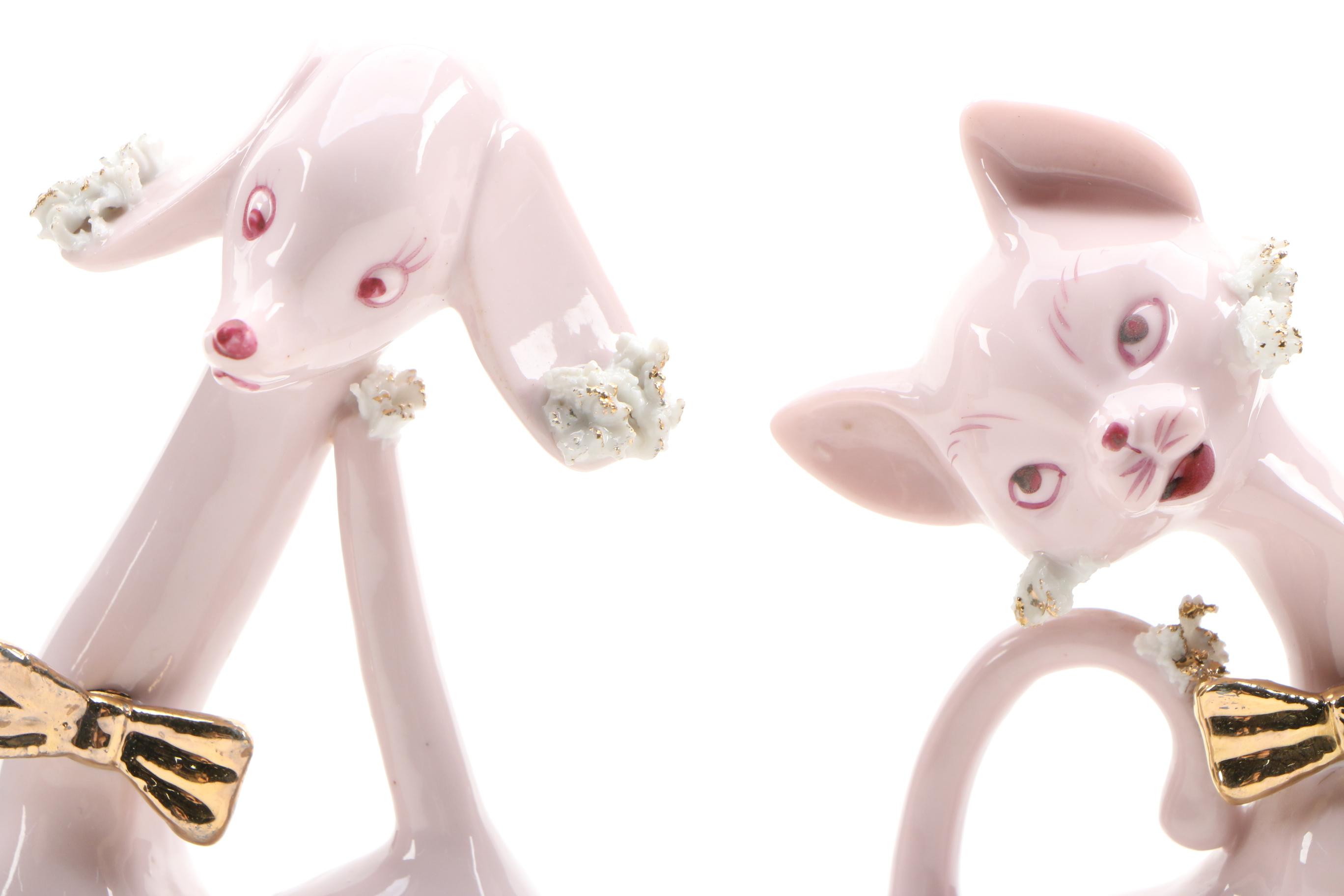 Japanese Pink Porcelain Cat and Dog Figurines, 1950s