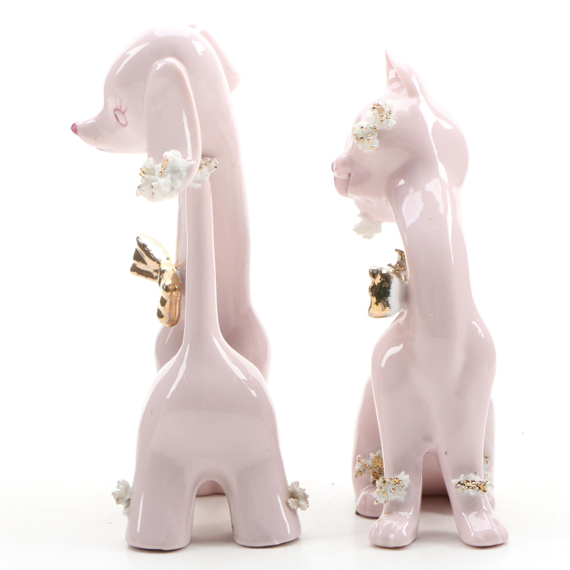 Japanese Pink Porcelain Cat and Dog Figurines, 1950s