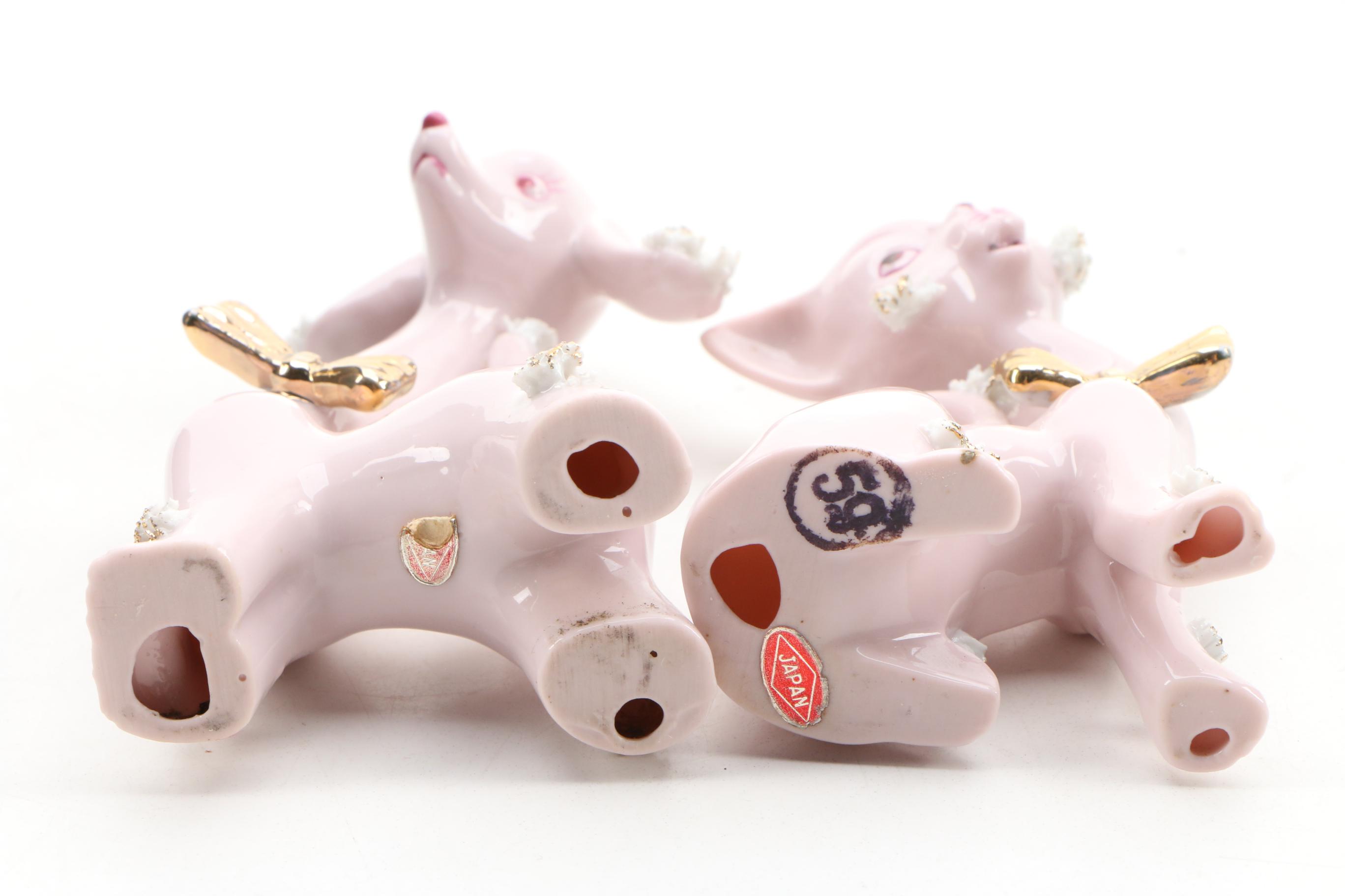 Japanese Pink Porcelain Cat and Dog Figurines, 1950s