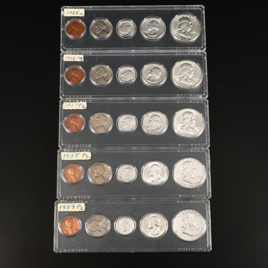 Five Vintage U.S. Type Coin Year Sets, 1955 to 1959