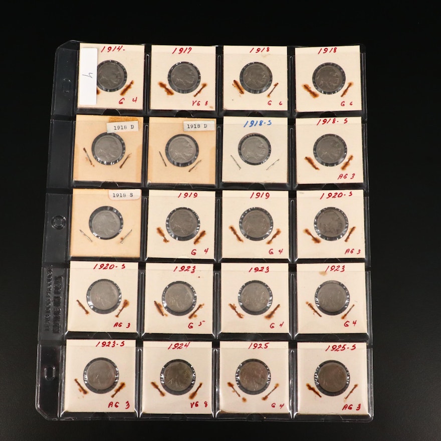 Album Page of Twenty Buffalo Nickels, 1914 to 1925