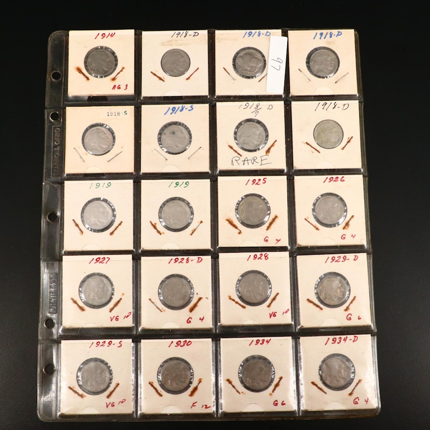 Album Page of Twenty Buffalo Nickels, 1914 to 1934, Including a 1918-D 8 over 7