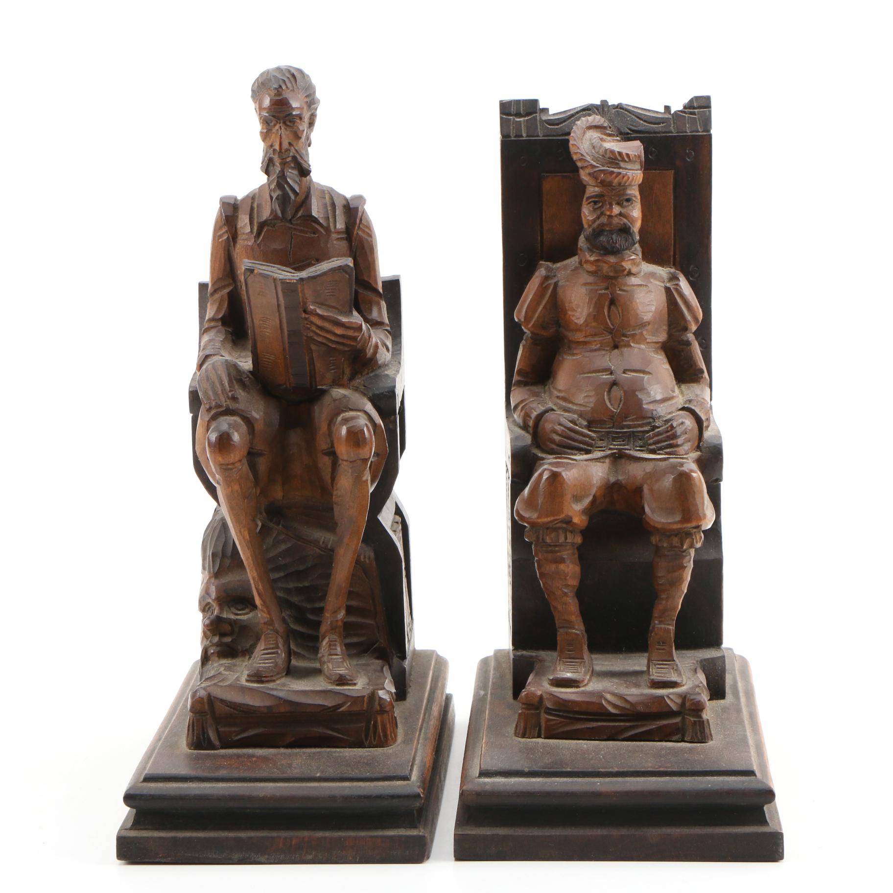 Don Quixote and Sancho Panza Hand Carved Wooden Bookends, Vintage