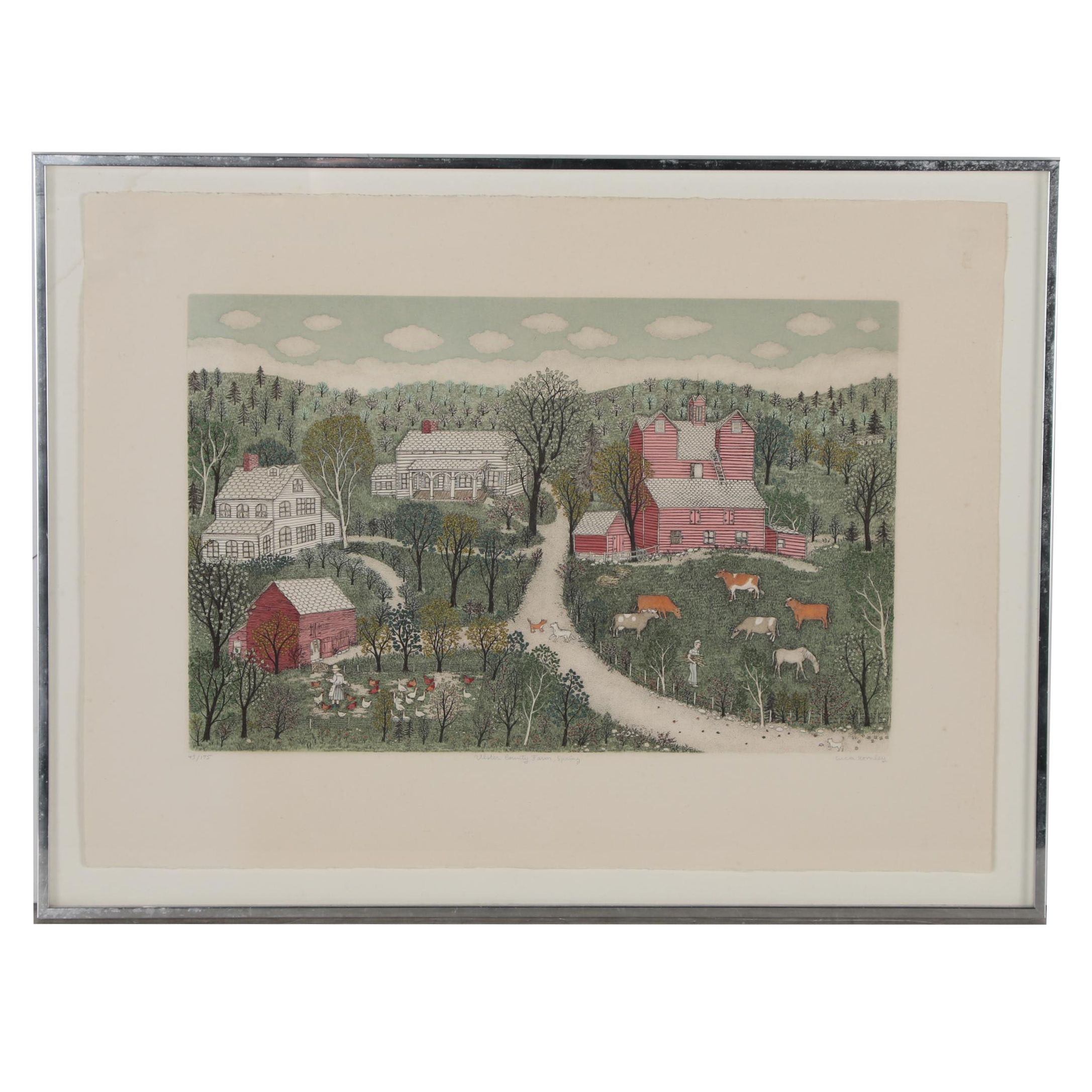Cuca Romley Hand-colored Etching "Ulster County Farm - Spring"