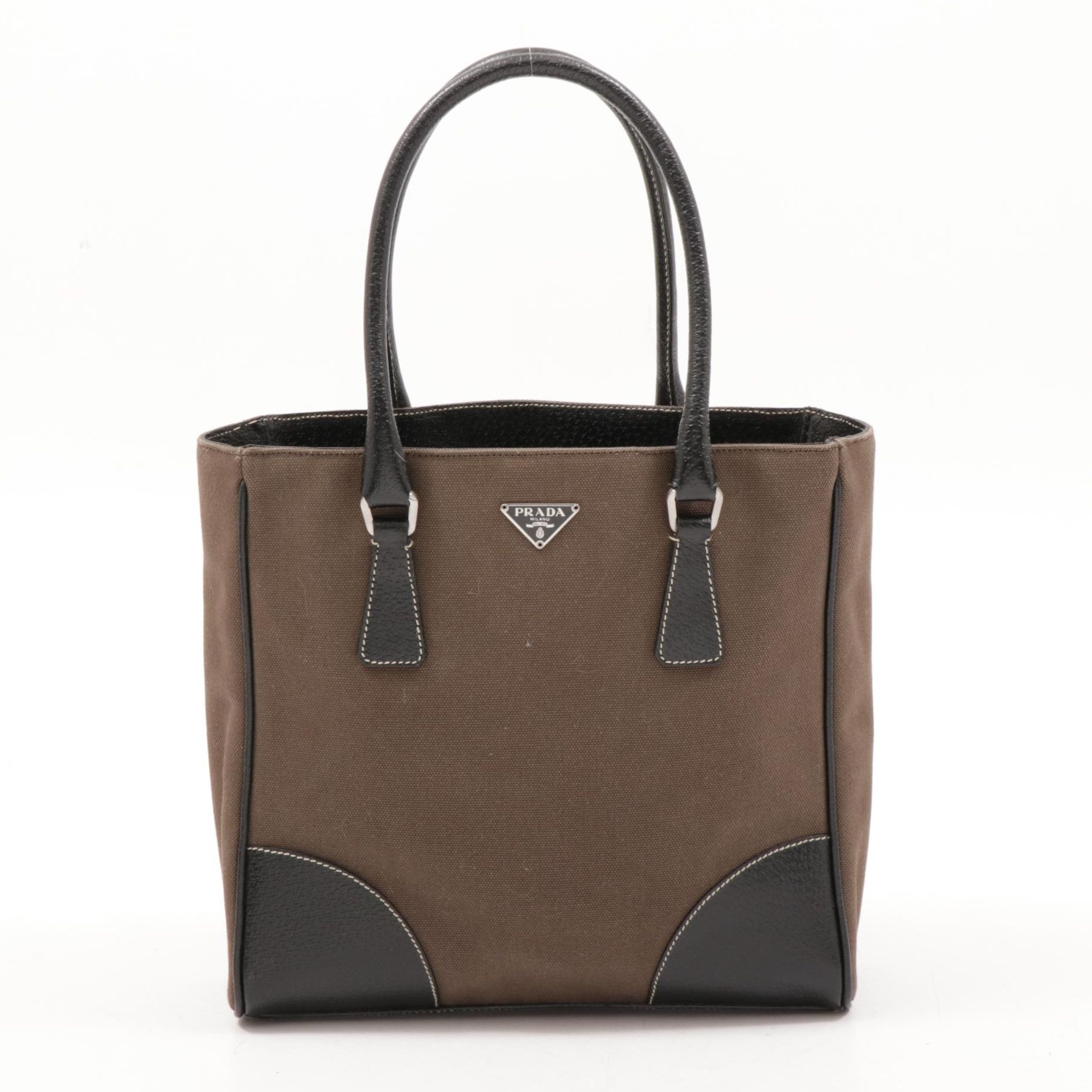 Prada Canvas and Black Leather Top Handle Tote Bag with Contrast Stitching
