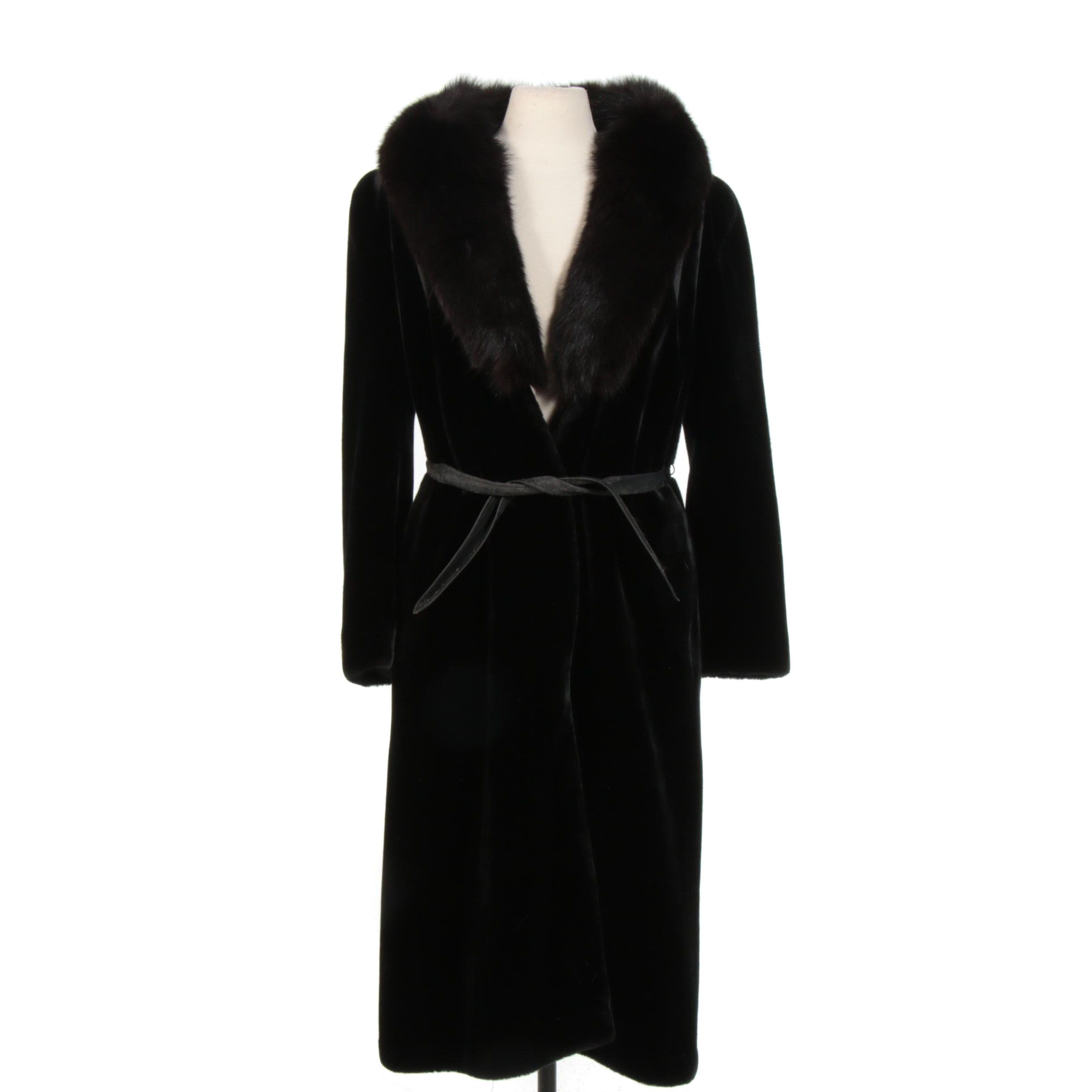 Ultra-Seal "Sportowne" Black Faux Fur Belted Coat with Fox Fur Collar
