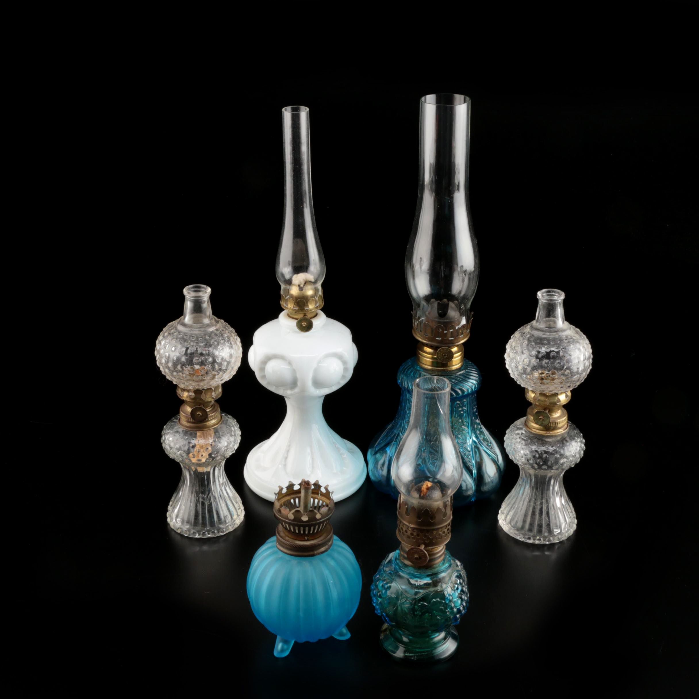 Blue, Molded and Milk Glass Oil Lamps