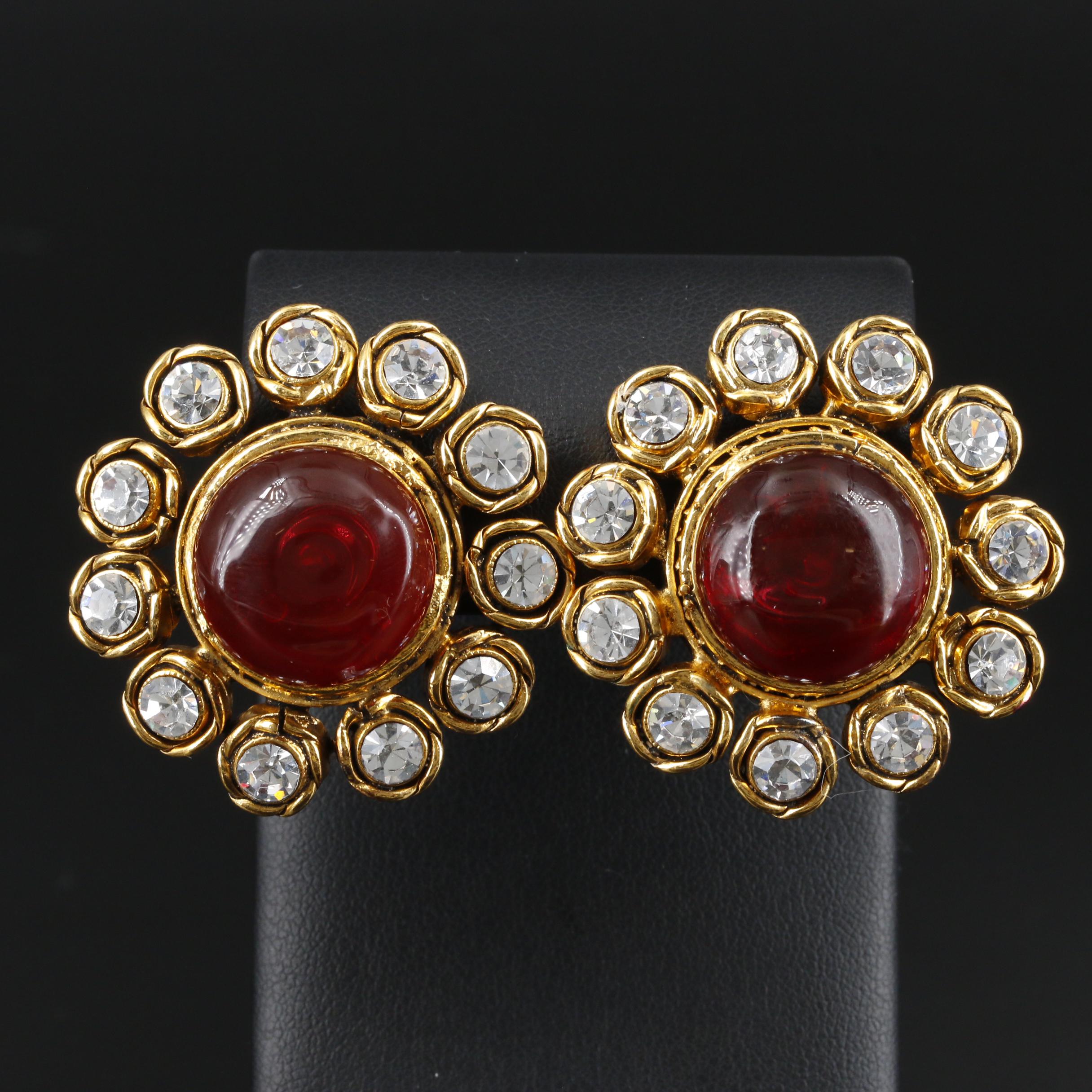 Chanel Gripoix Glass and Rhinestone Clip-On Earrings with Susan Lucci Signed Box