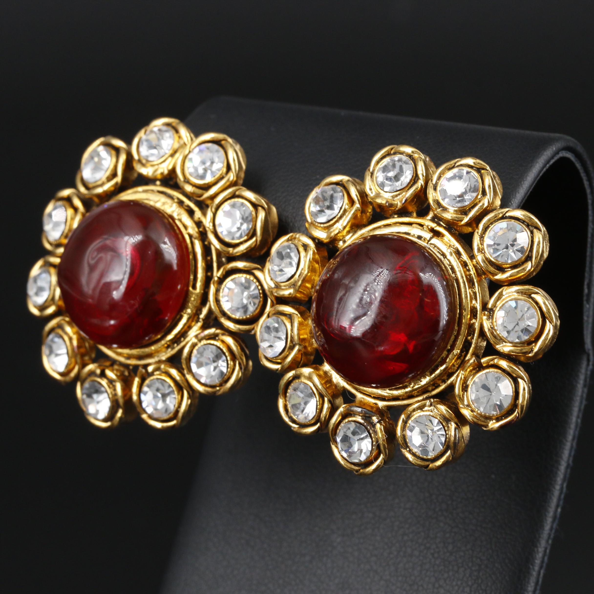 Chanel Gripoix Glass and Rhinestone Clip-On Earrings with Susan Lucci Signed Box