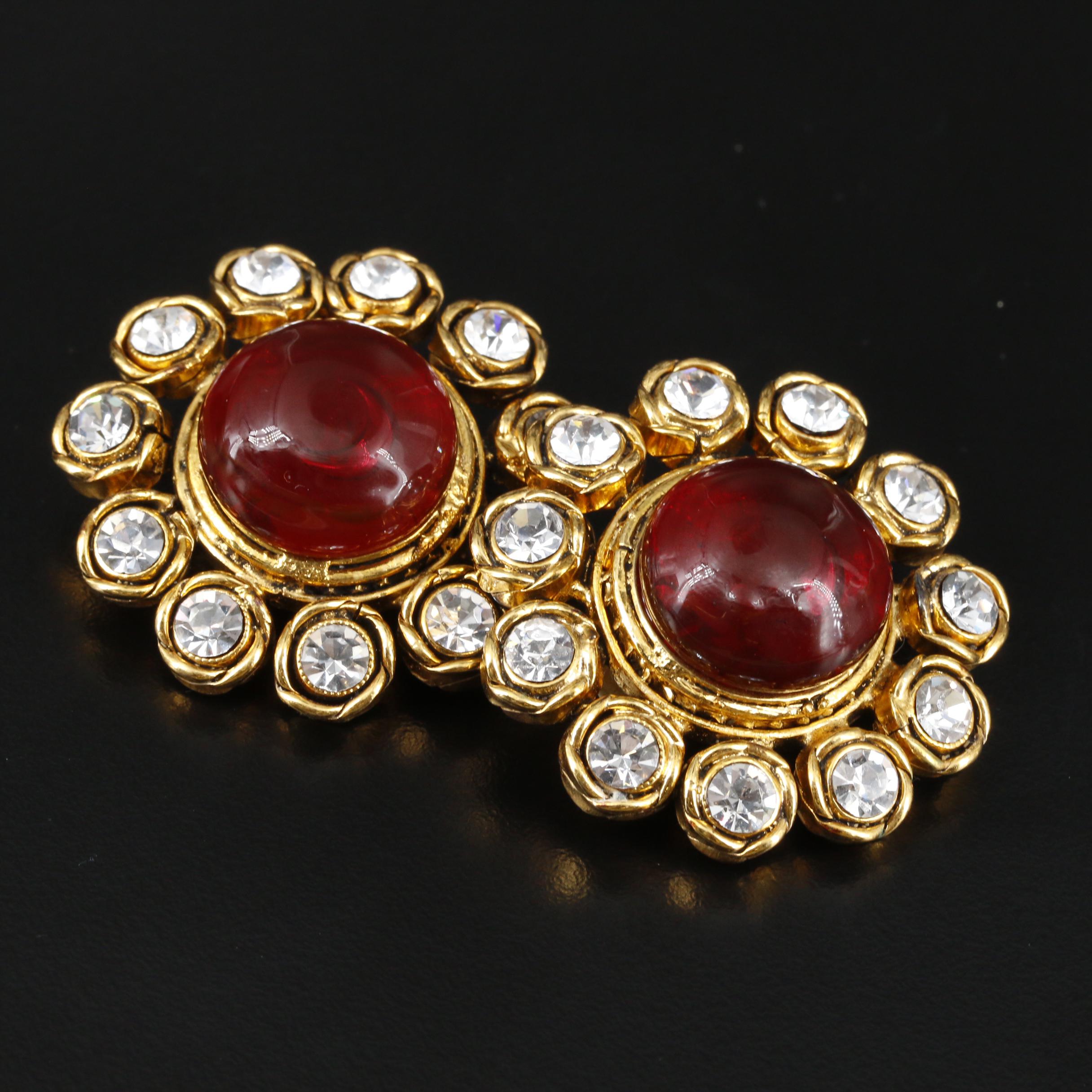 Chanel Gripoix Glass and Rhinestone Clip-On Earrings with Susan Lucci Signed Box