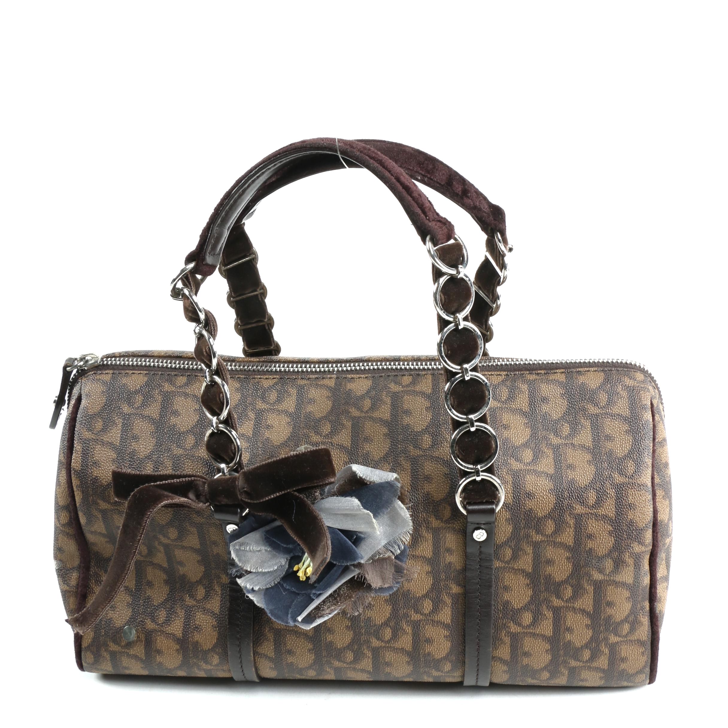 Christian Dior Brown Trottuer Romantique Floral Bow Small Boston Bag