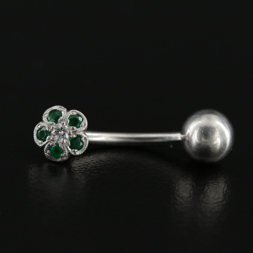 Platinum Diamond and Emerald Vertical Barbell Belly Button Ring