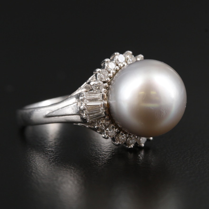 Platinum Pearl and Diamond Scrollwork Ballerina Ring