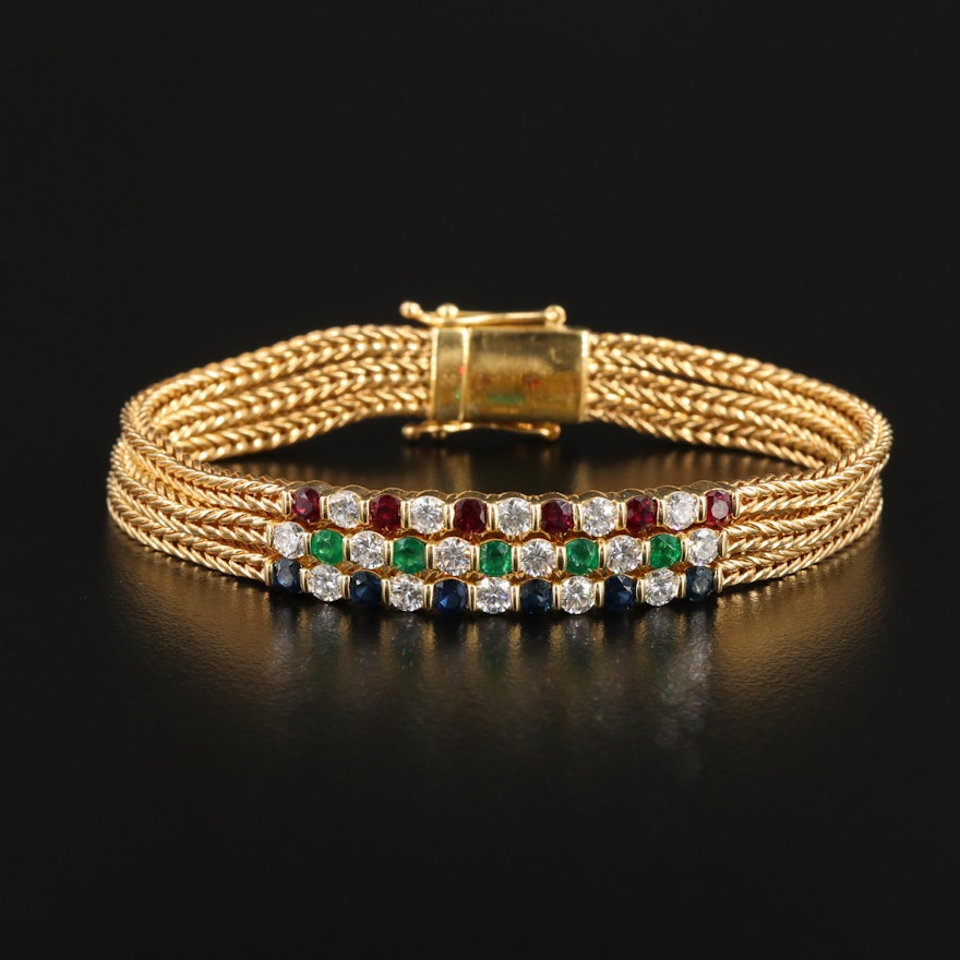 18K Gold Ruby, Emerald, Sapphire and 1.60 CTW Diamond Multi-Strand Bracelet