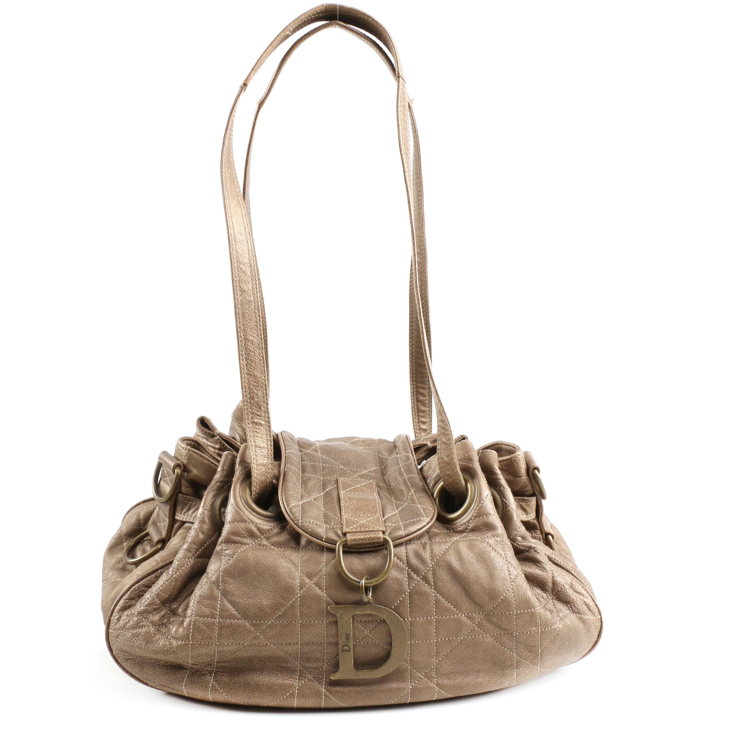 Christian Dior Drawstring Shoulder Bag in Taupe Cannage Quilted Leather