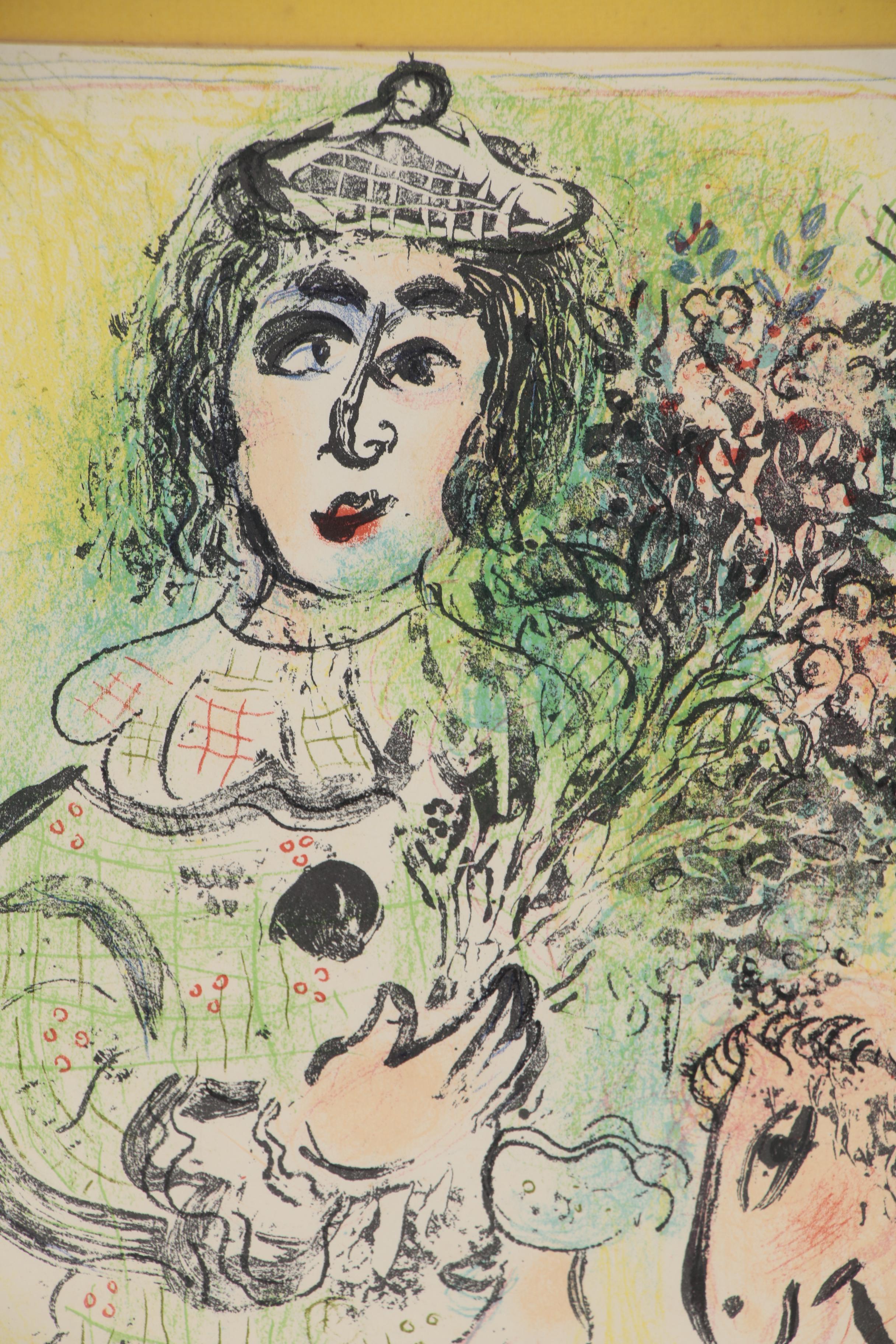 Marc Chagall Lithograph "Le Clown fleuri (The Clown with flowers)", 1963