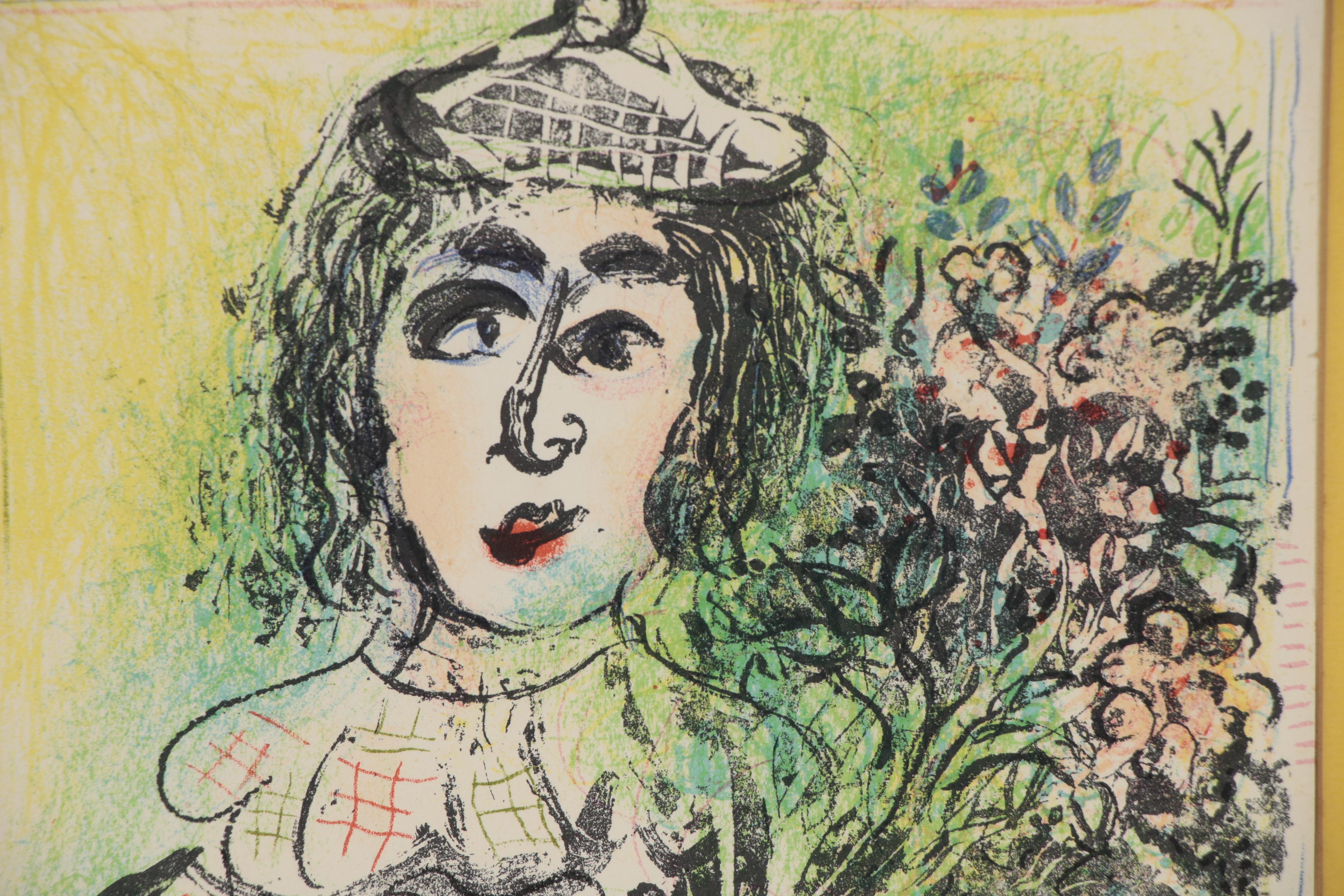 Marc Chagall Lithograph "Le Clown fleuri (The Clown with flowers)", 1963