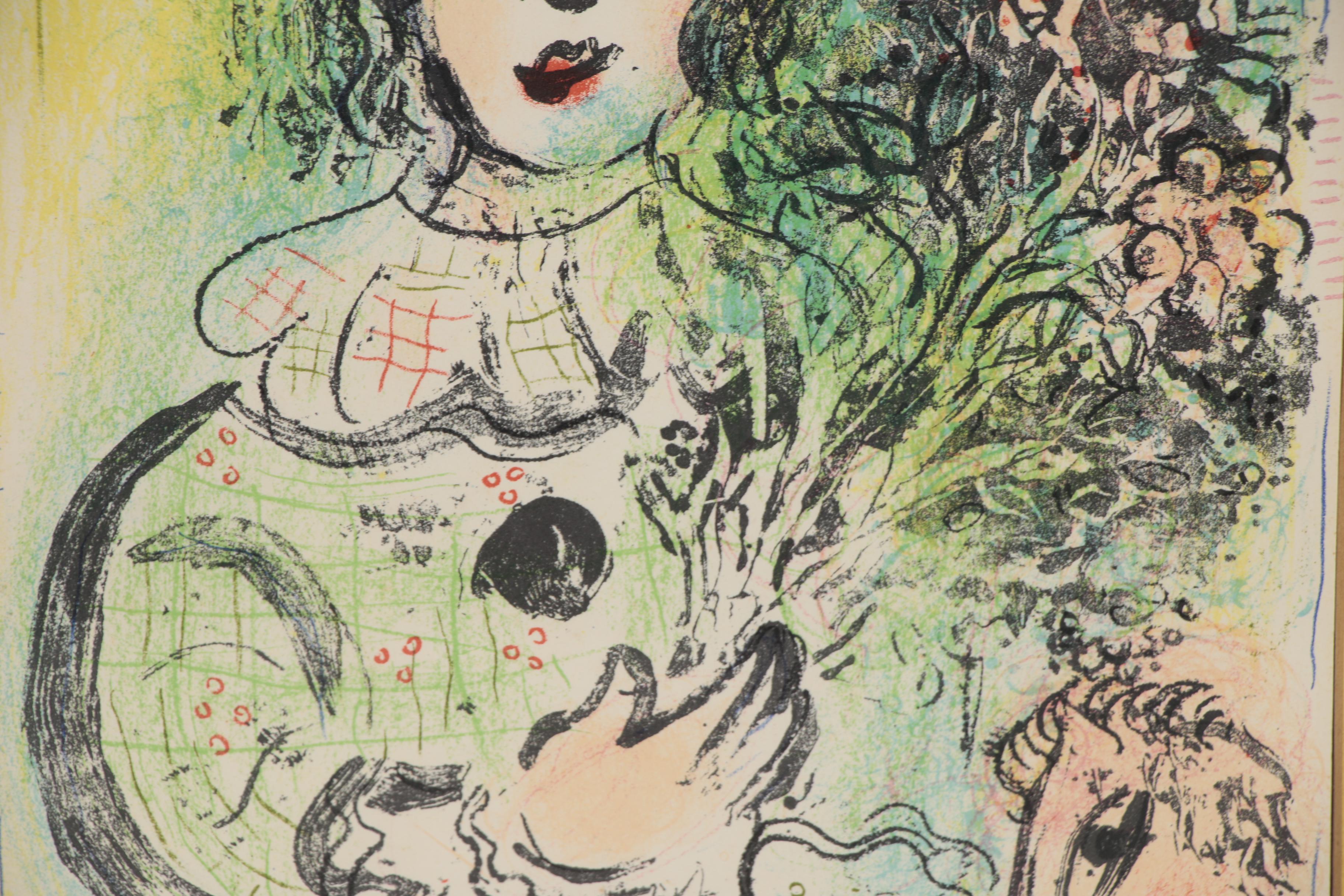 Marc Chagall Lithograph "Le Clown fleuri (The Clown with flowers)", 1963