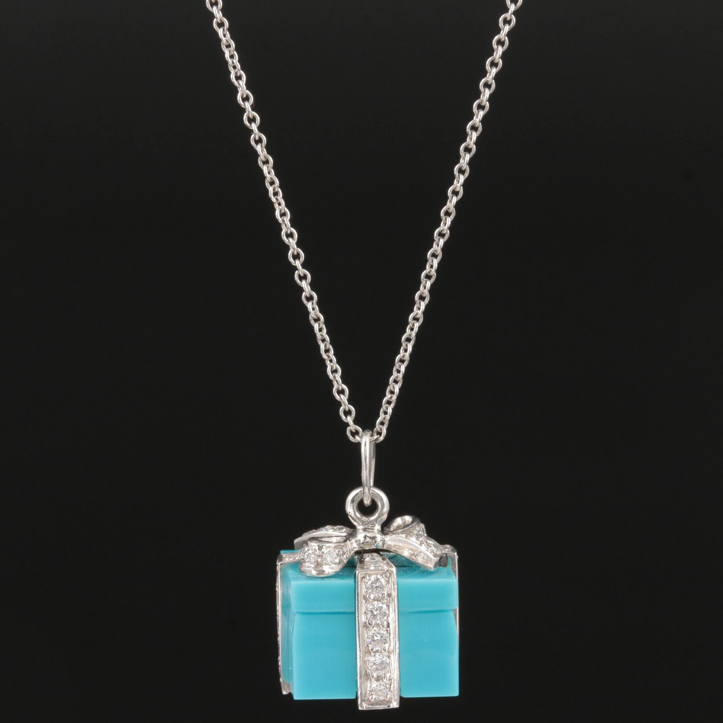 Tiffany & Co. Platinum Diamond and Turquoise "Blue Box" Pendant Necklace