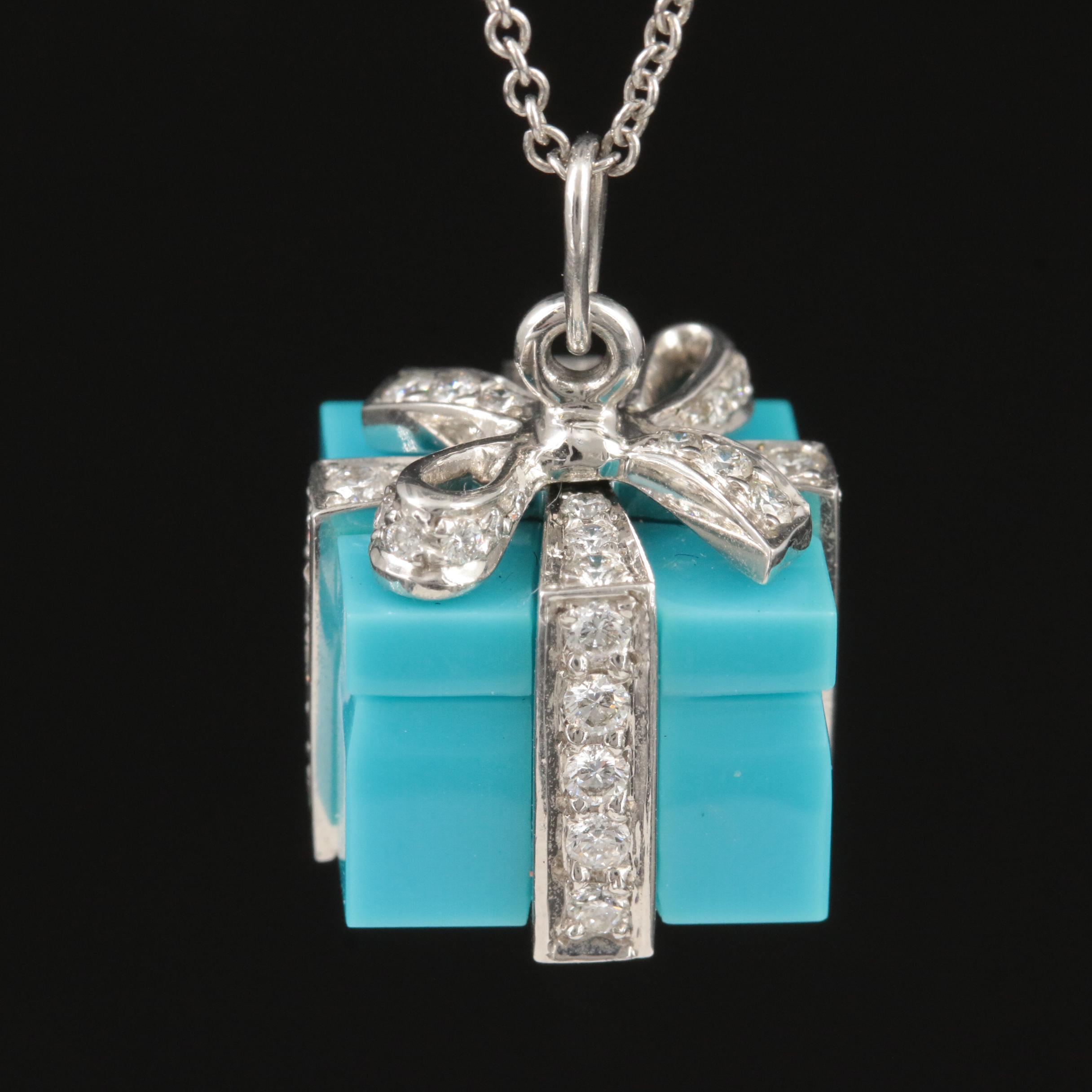 Tiffany & Co. Platinum Diamond and Turquoise "Blue Box" Pendant Necklace