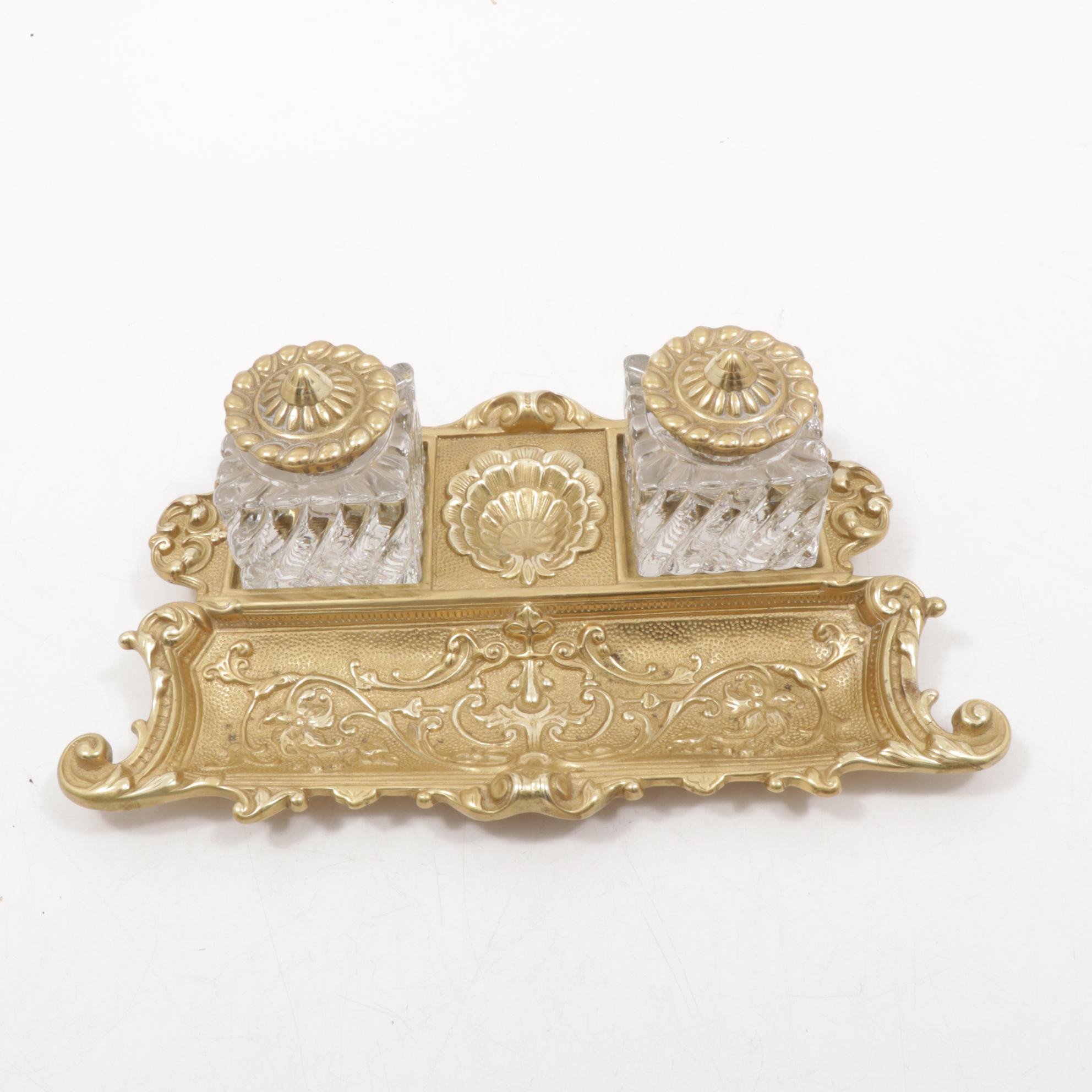 Virginia Metalcrafters Ornate Brass and Glass Victorian Style Inkwell