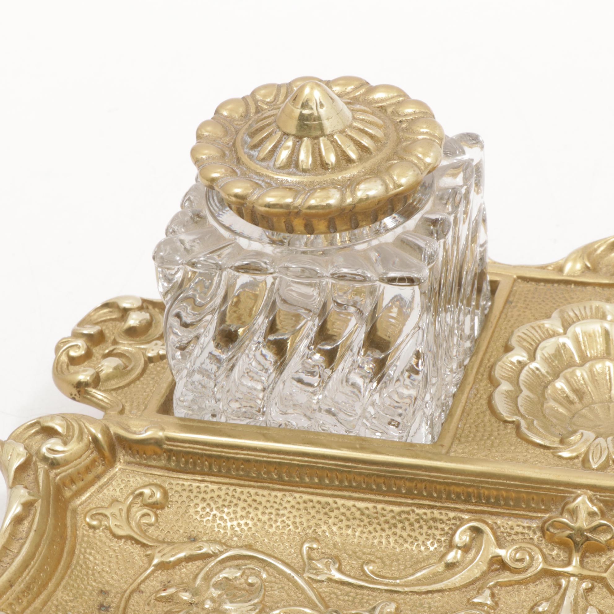 Virginia Metalcrafters Ornate Brass and Glass Victorian Style Inkwell