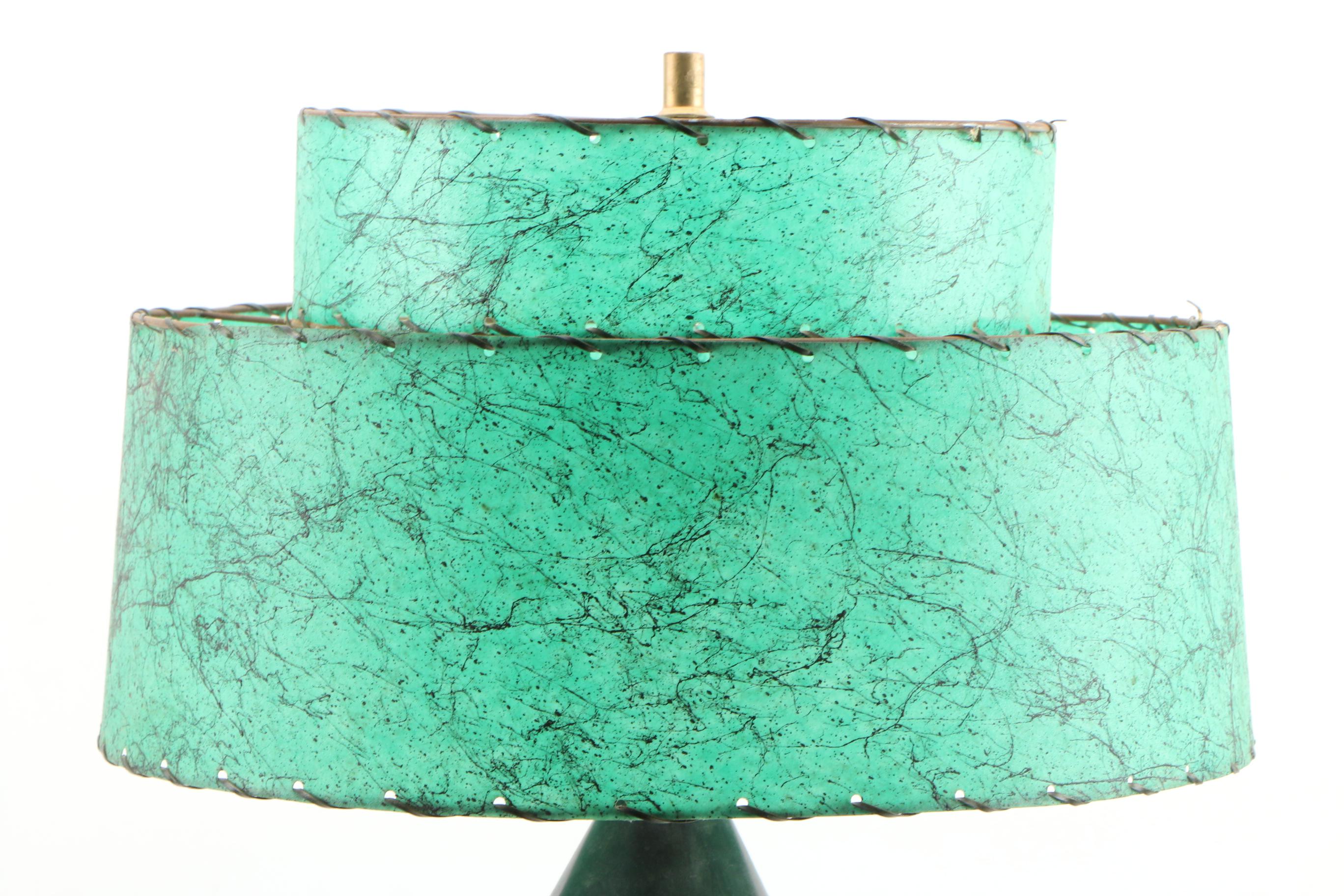 Mid Century Modern Table Lamp with "Webs" Pattern Two -Tier Fiberglass Lampshade