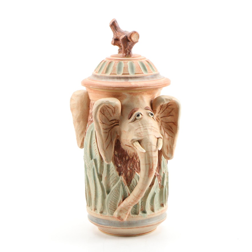 Dick Overman Whimsical Lidded Elephant Stoneware Jar, 1993