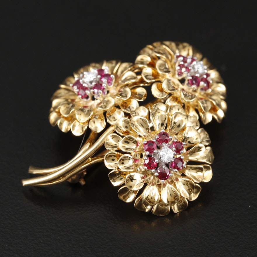 1950s Tiffany & Co. 18K Diamond and Ruby Floral Brooch with Platinum Accent