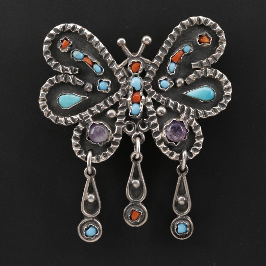Sterling Silver Turquoise, Coral and Amethyst Converter Brooch