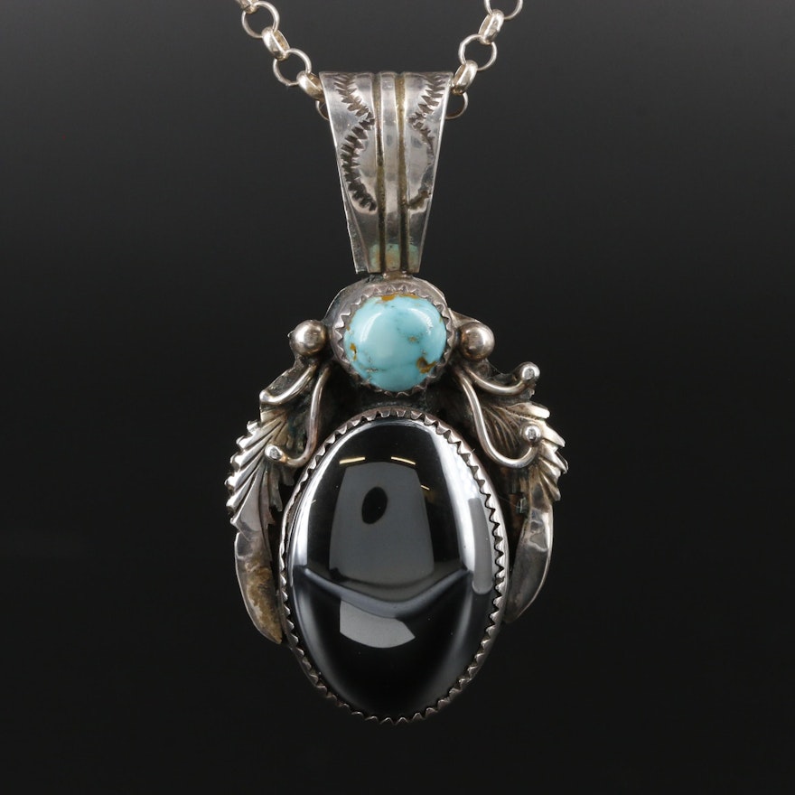 Frank Guerrero Navajo Diné Sterling Hematite and Turquoise Pendant Necklace