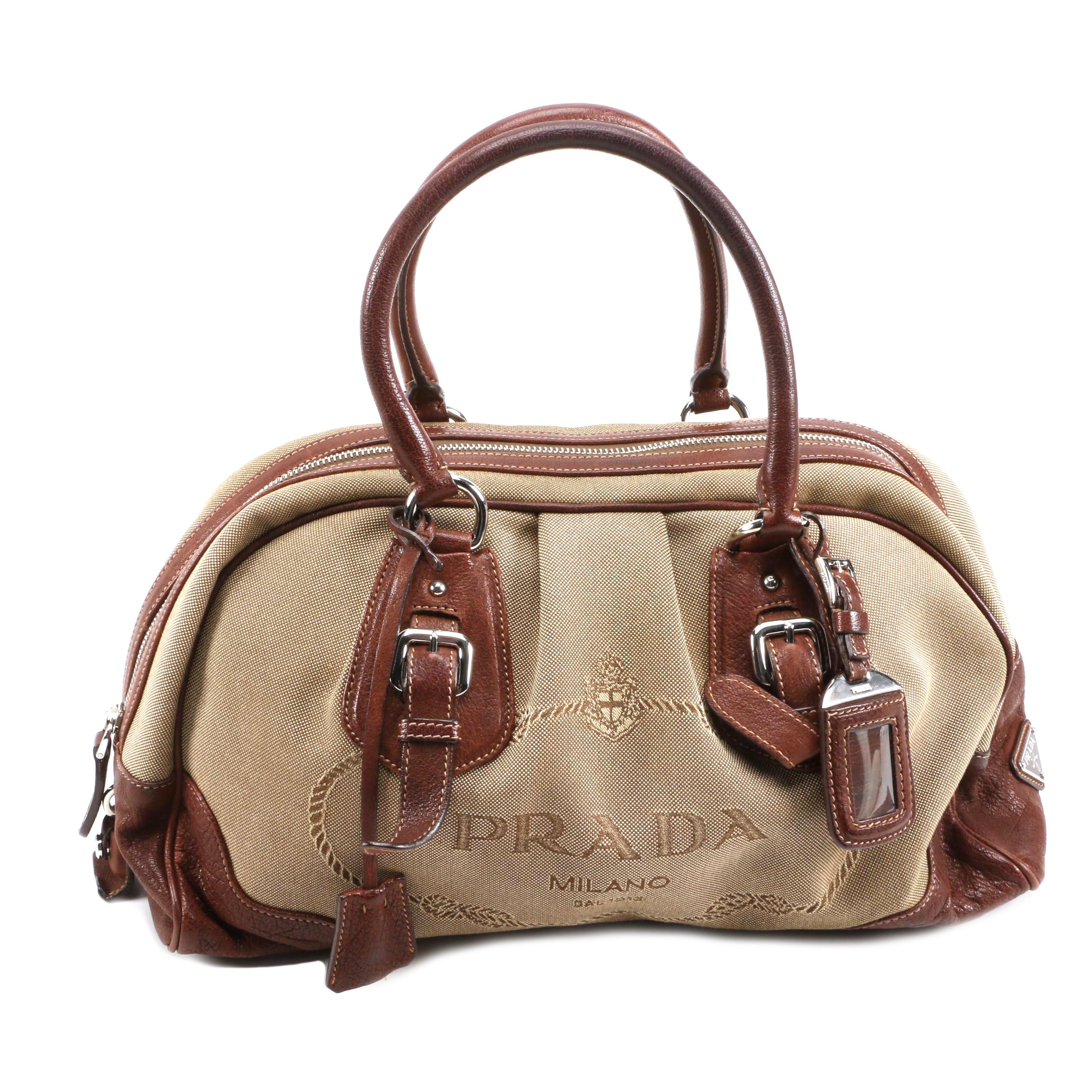 Prada Satchel in Canapa Jacquard Canvas and Brown Grained Leather