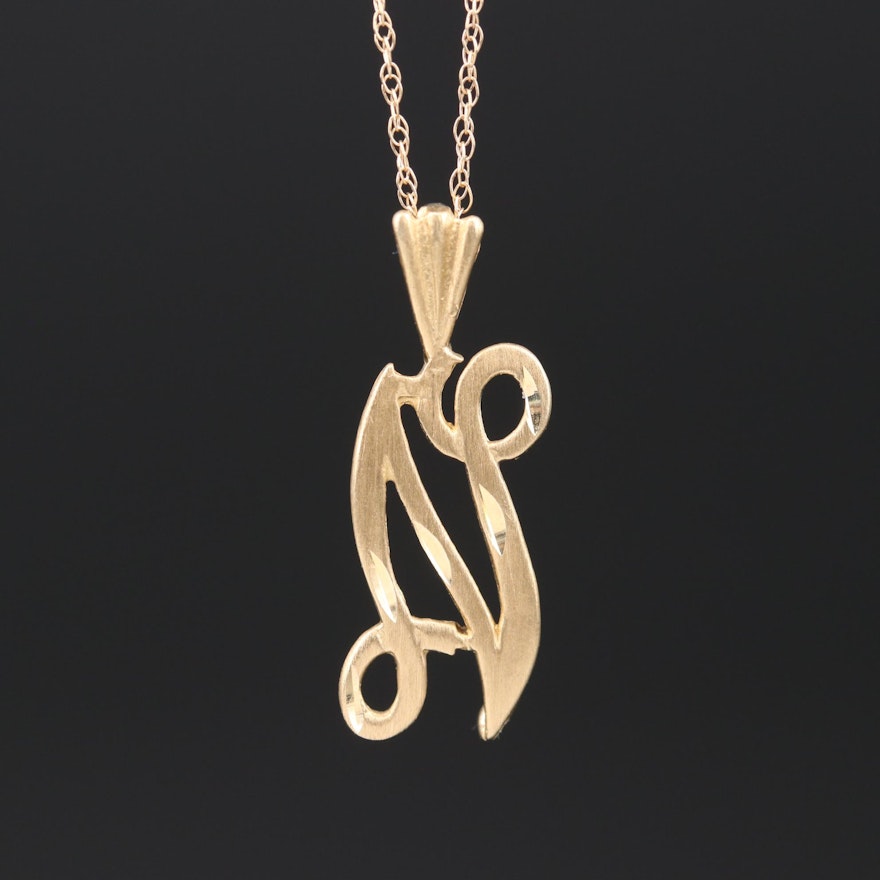 14K Yellow Gold Cursive "N" Pendant Necklace