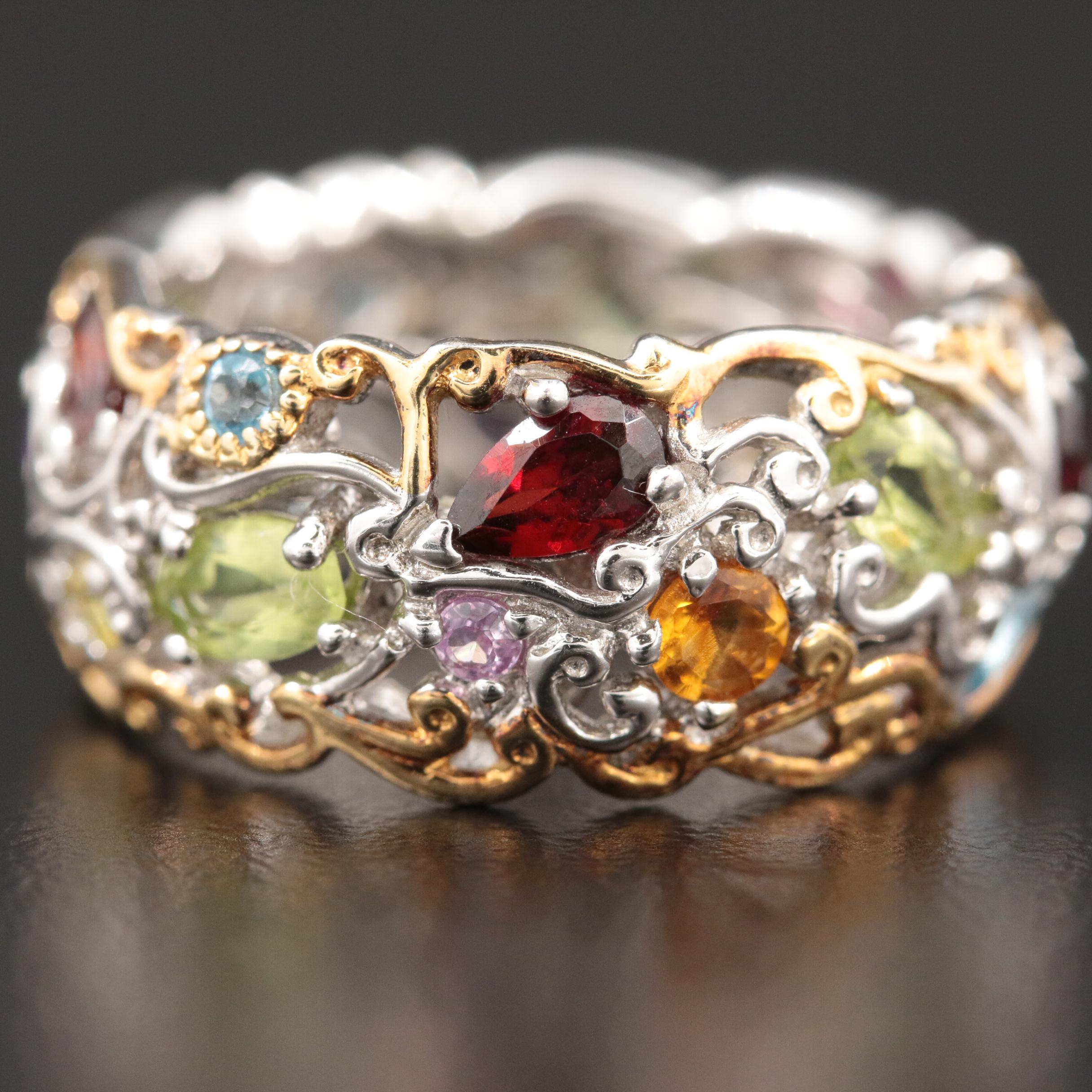 Sterling Scrollwork Band with Garnet, Citrine, Amethyst, Peridot and More