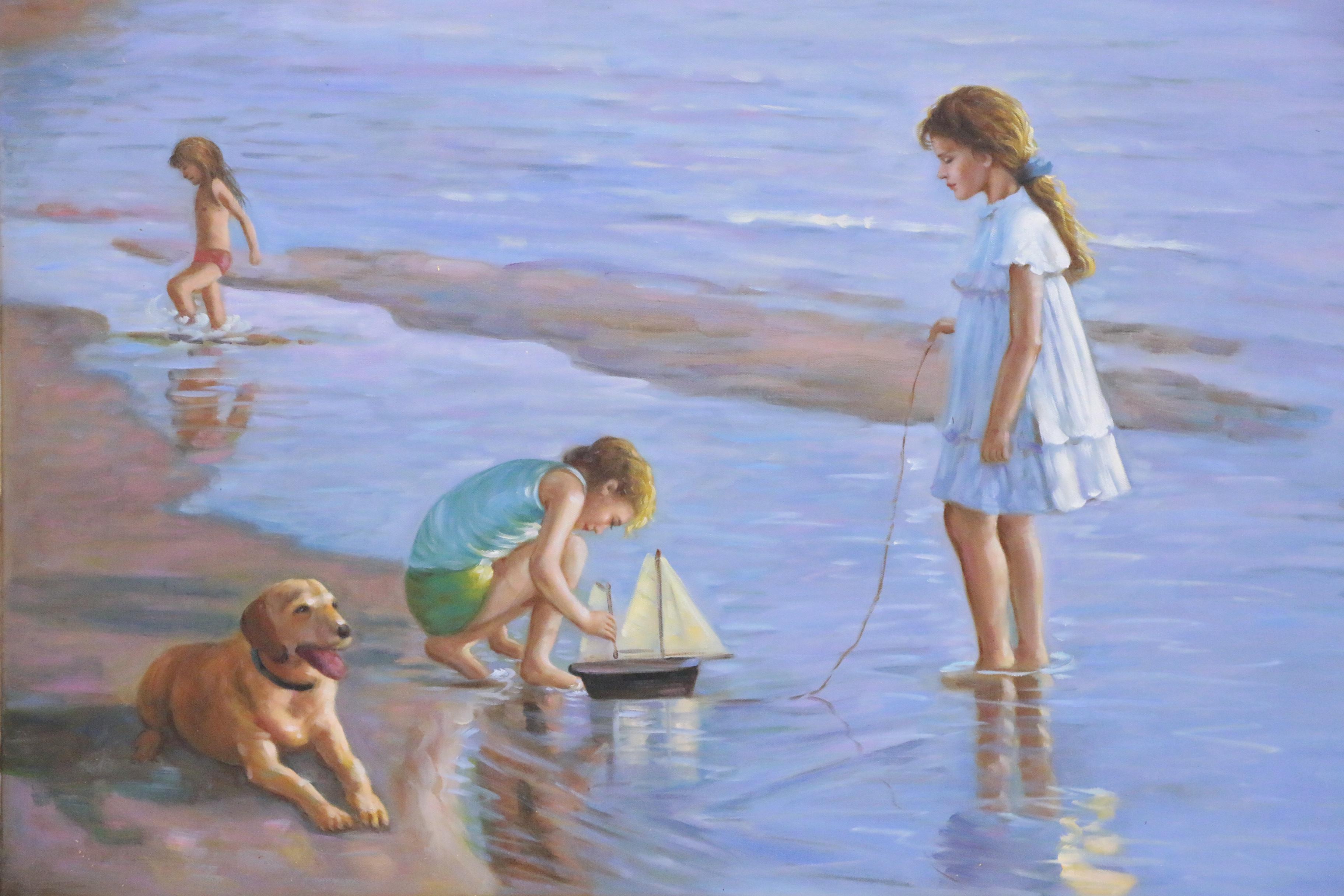 Beach Scene Oil Painting after Alexander Averin "In the Shallows"