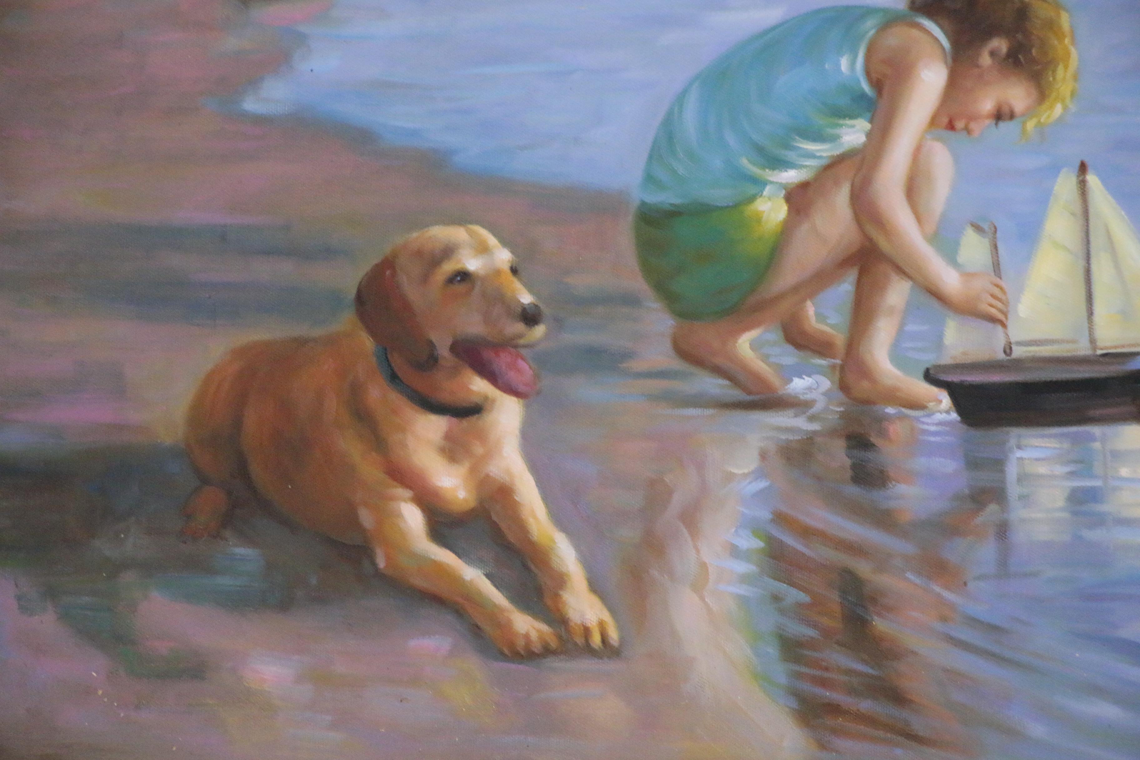 Beach Scene Oil Painting after Alexander Averin "In the Shallows"