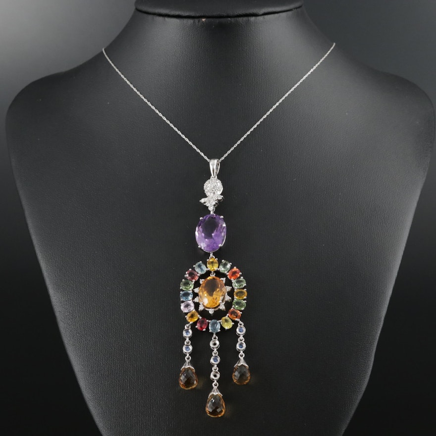 18K Gold Amethyst, Citrine, Fancy Sapphire and 1.05 CTW Diamond Pendant Necklace