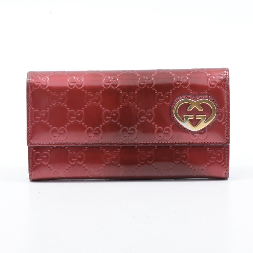 Gucci Guccissima Red Metallic Patent Leather GG Heart Logo Wallet