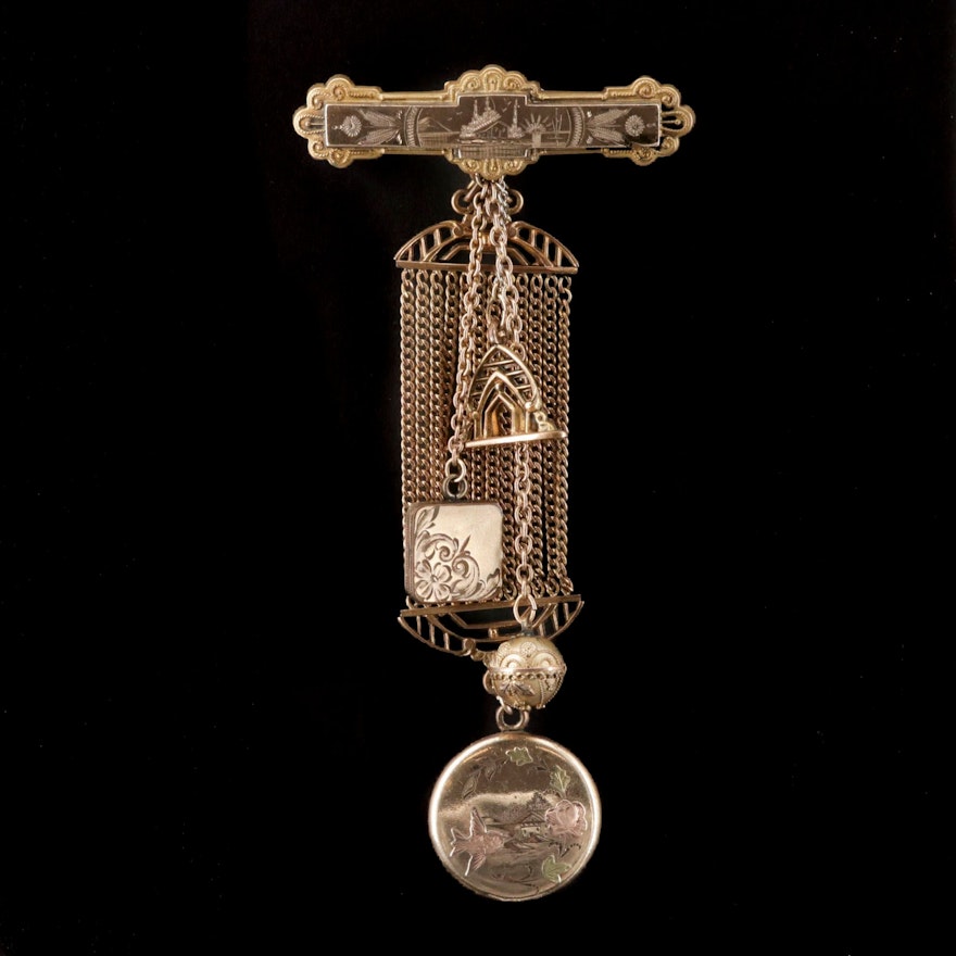 Victorian Drop Brooch with Charms and Lockets
